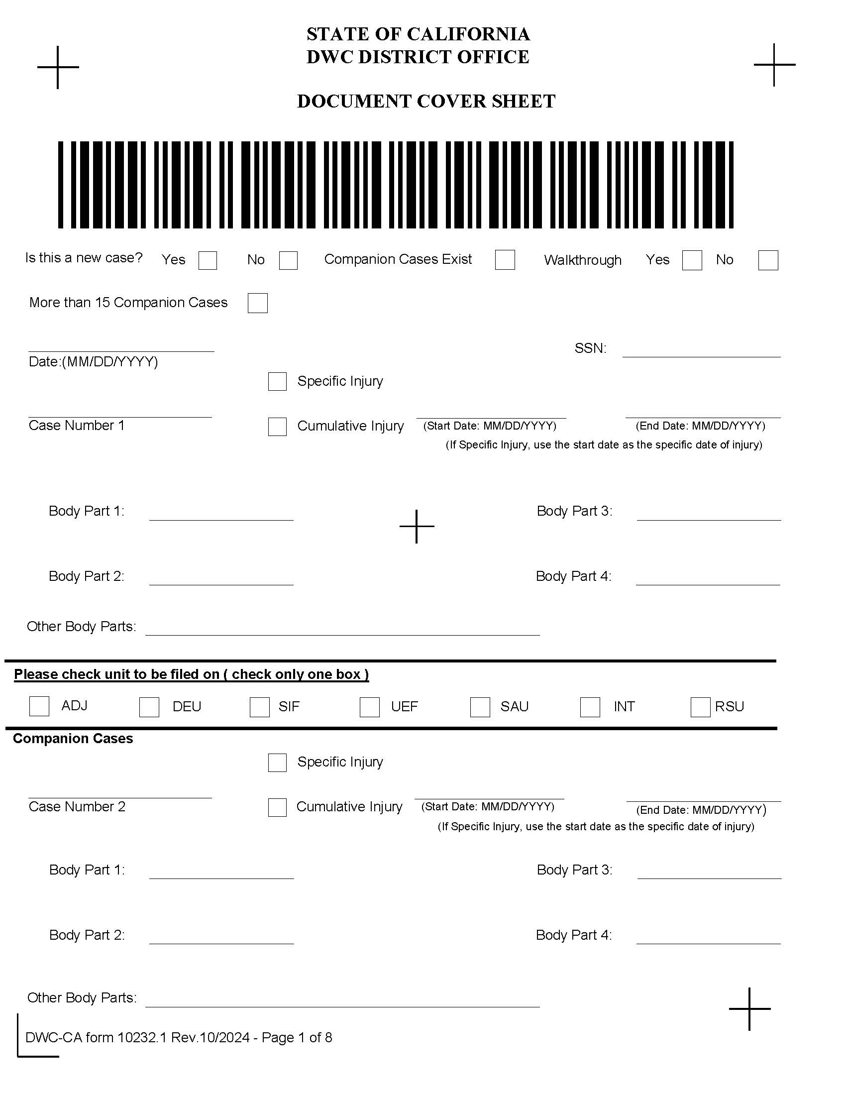 Document Cover Sheet {DWC-CA 10232.1} | Pdf Fpdf Docx | California