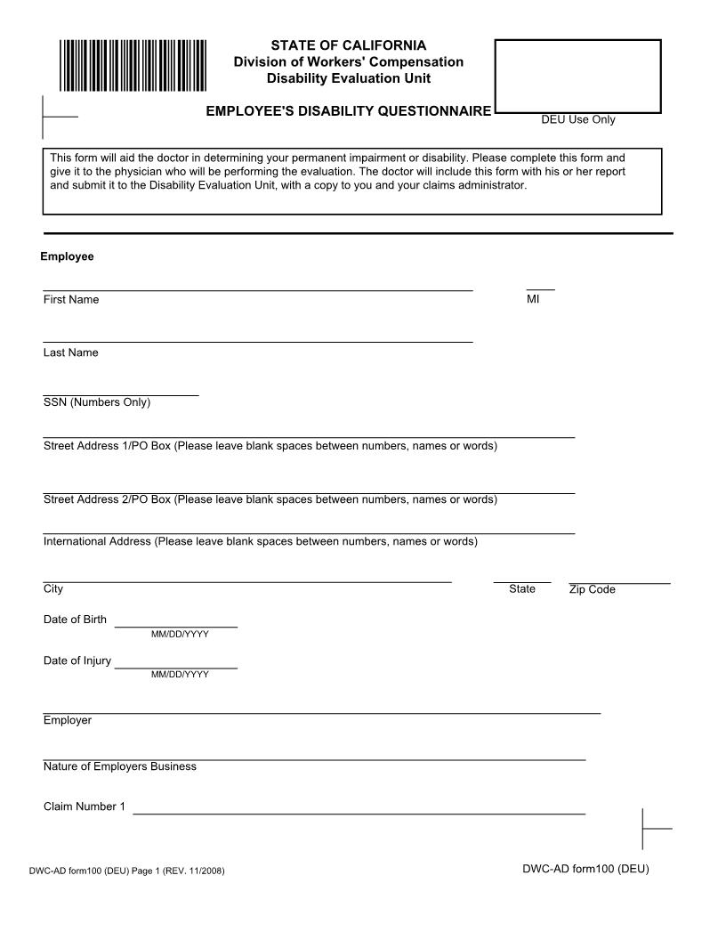 Employees Disability Questionnaire {DWC-AD 100 (DEU)} | Pdf Fpdf Doc Docx | California