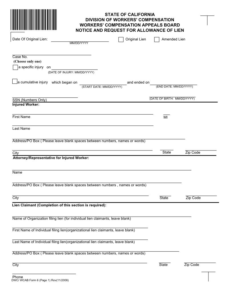 Notice And Request For Allowance Of Lien {DWC-WCAB 6} | Pdf Fpdf Docx | California