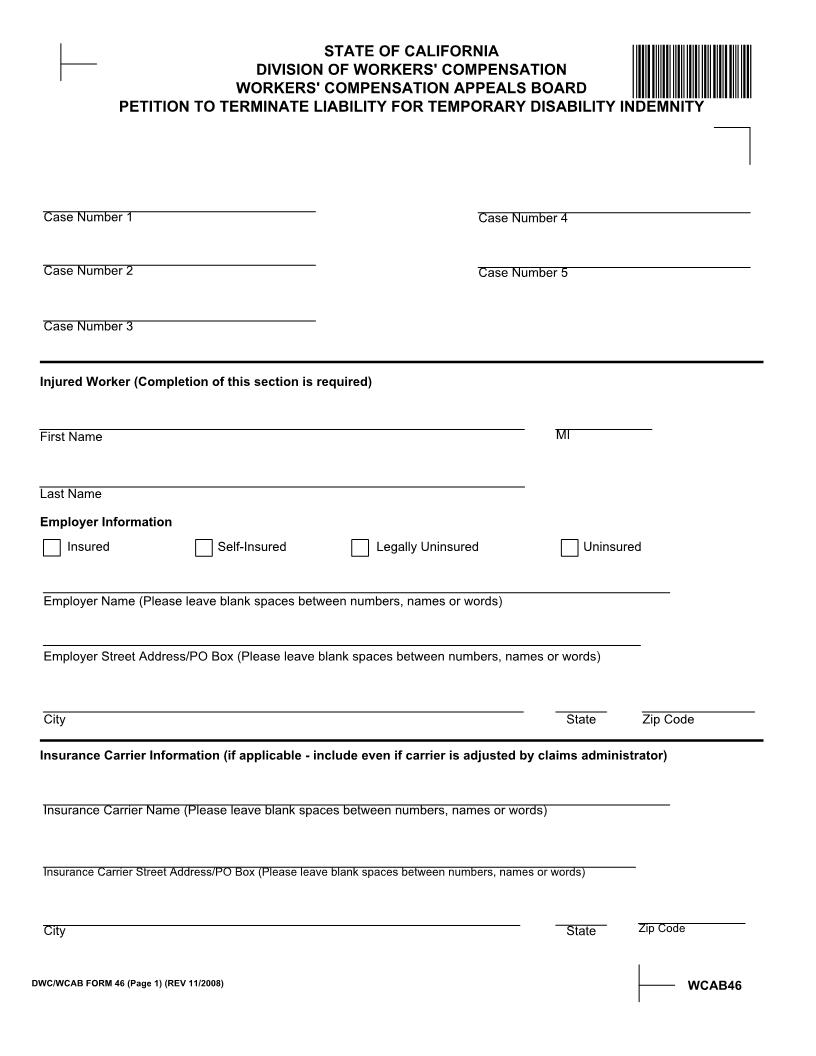 Petition To Terminate Liability For Temporary Disability Indemnity {WCAB 46} | Pdf Fpdf Docx | California