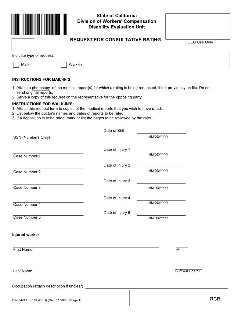 Request For Consultative Rating {DWC-AD 104 (DEU)} | Pdf Fpdf Doc Docx | California