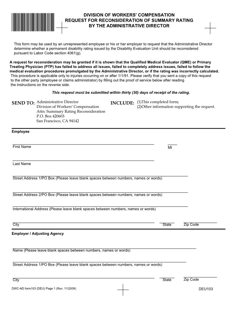 Request For Reconsideration Of Summary Rating By The Administrative Director {DWC-AD 103 (DEU)} | Pdf Fpdf Docx | California