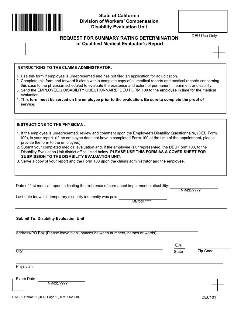 Request For Summary Rating Determination Of Qualified Medical Evaluators Report {DWC-AD 101 (DEU)} | Pdf Fpdf Docx | California