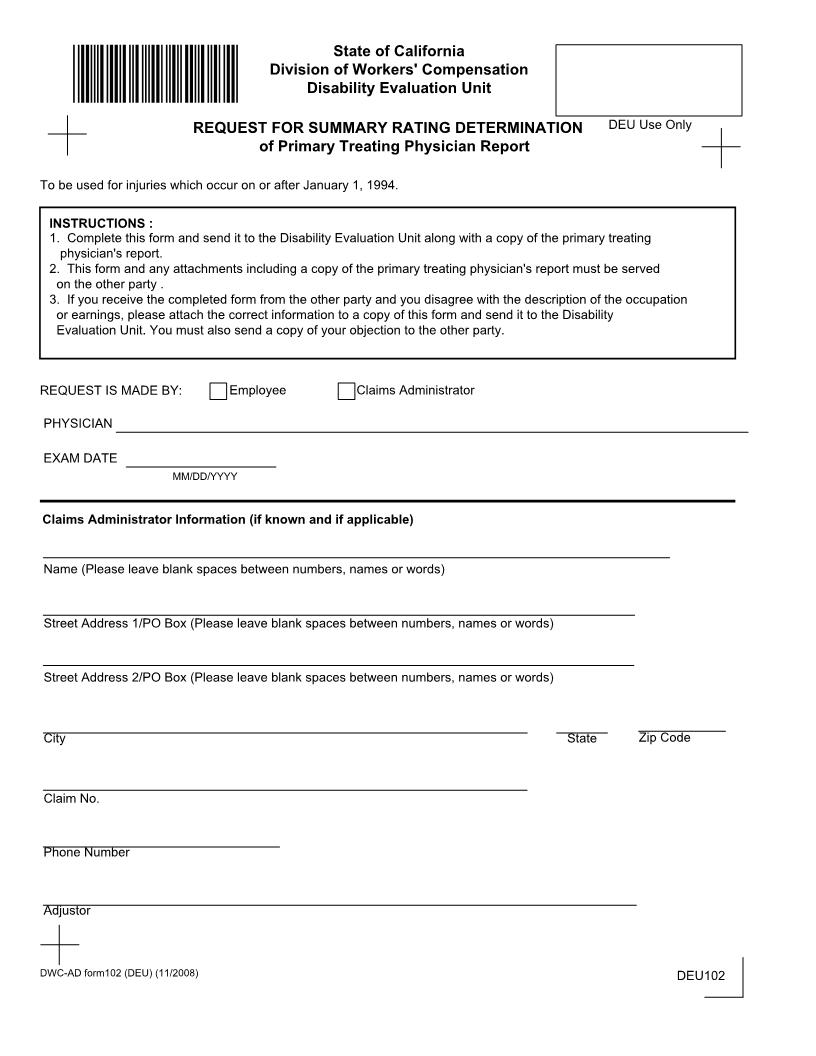 Request For Summary Rating Determination Or Primary Treating Physician Report {DWC-AD 102 (DEU)} | Pdf Fpdf Docx | California