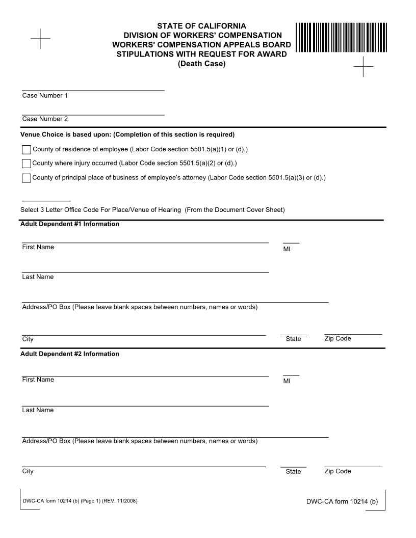 Stipulation With Request For Award (Death Cases) {DWC-CA 10214(b)} | Pdf Fpdf Doc Docx | California