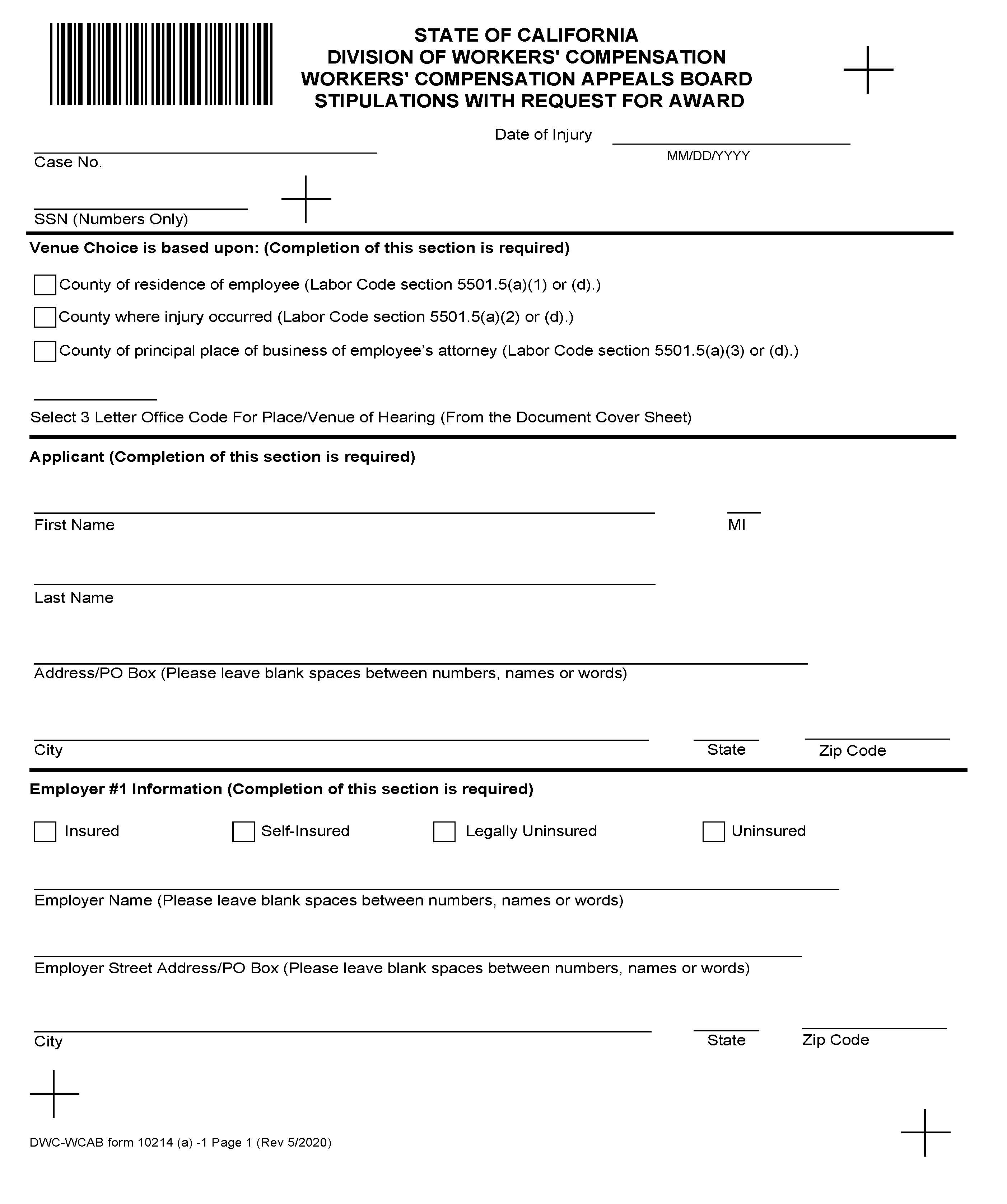 Stipulation With Request For Award (For Injury On Or After 1-1-2013) {DWC-CA 10214(a)} | Pdf Fpdf Docx | California