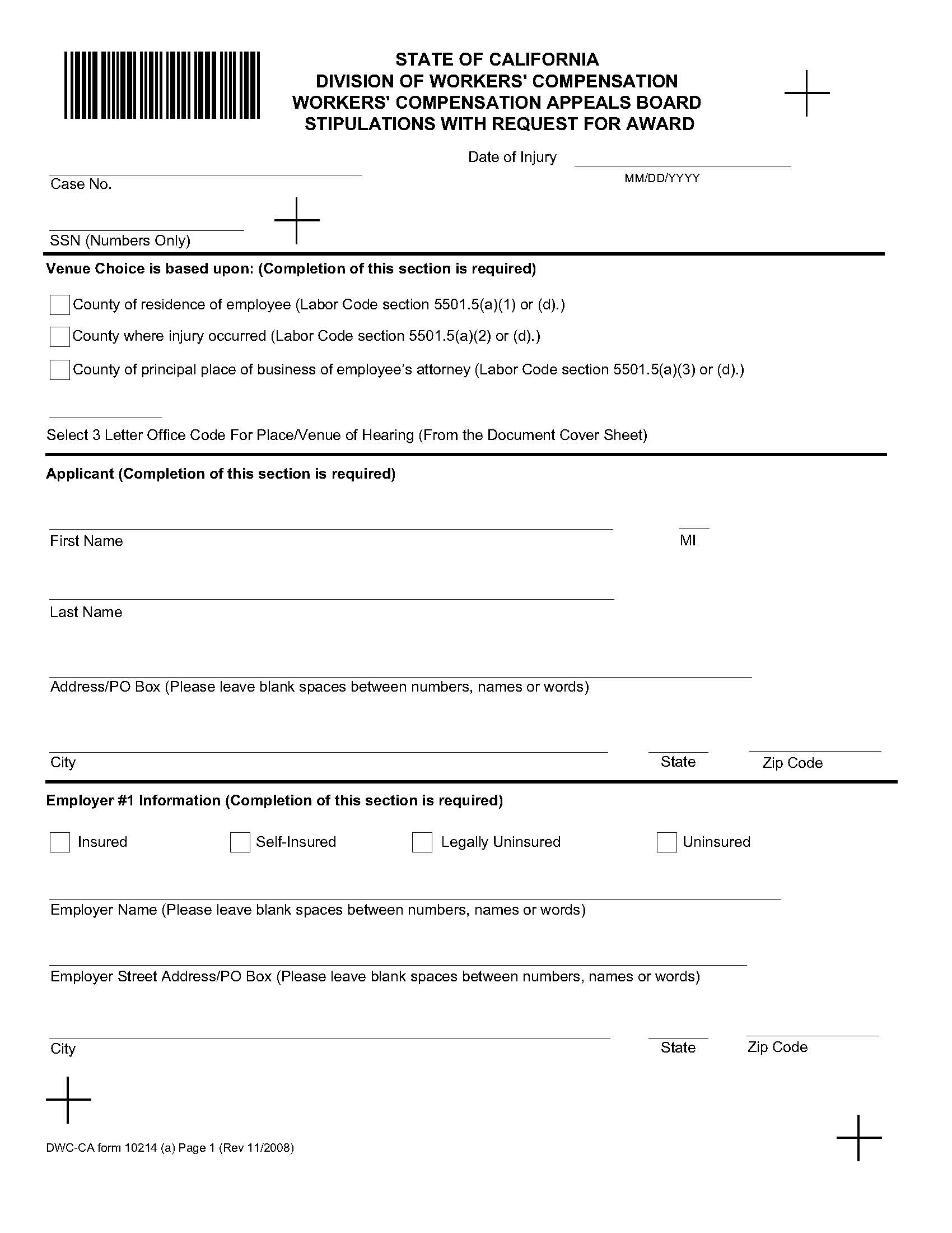 Stipulation With Request For Award (For Injury Prior To 1-1-2013) {DWC-CA 10214(a)} | Pdf Fpdf Doc Docx | California