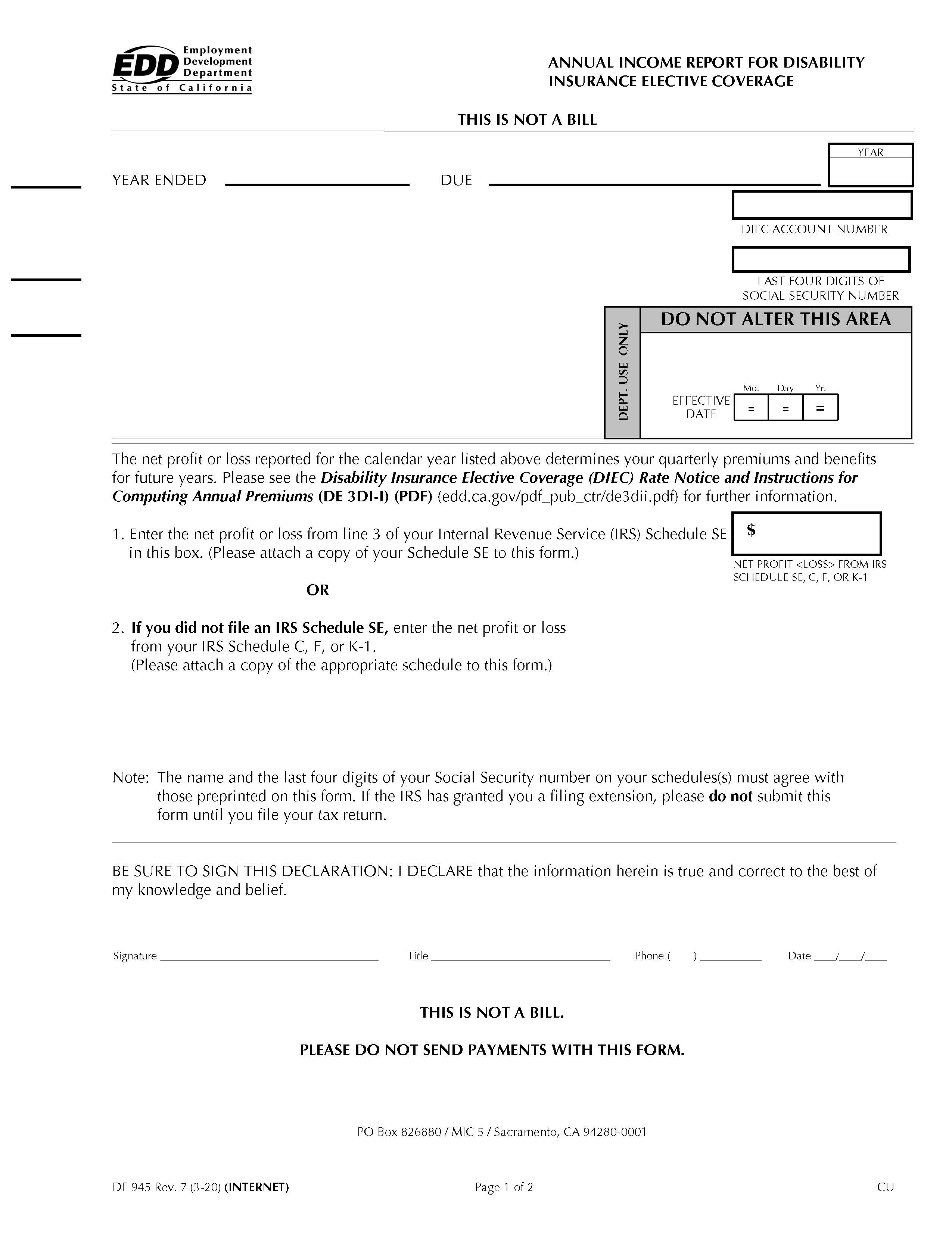 Annual Income Report For Disability Insurance Elective Coverage {DE 945} | Pdf Fpdf Doc Docx | California