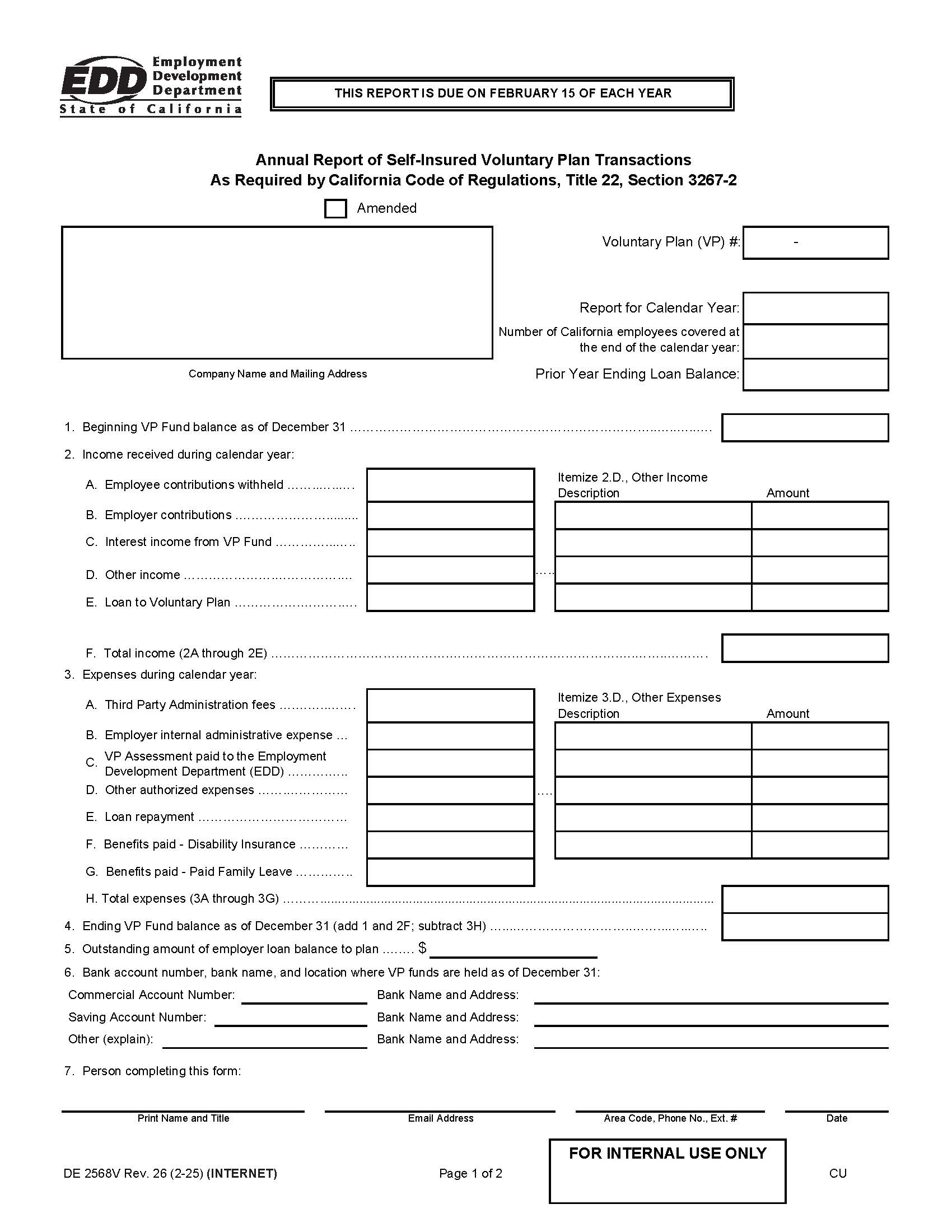 Annual Report Of Self-Insured Voluntary Plan Transactions {DE 2568V} | Pdf Fpdf Doc Docx | California