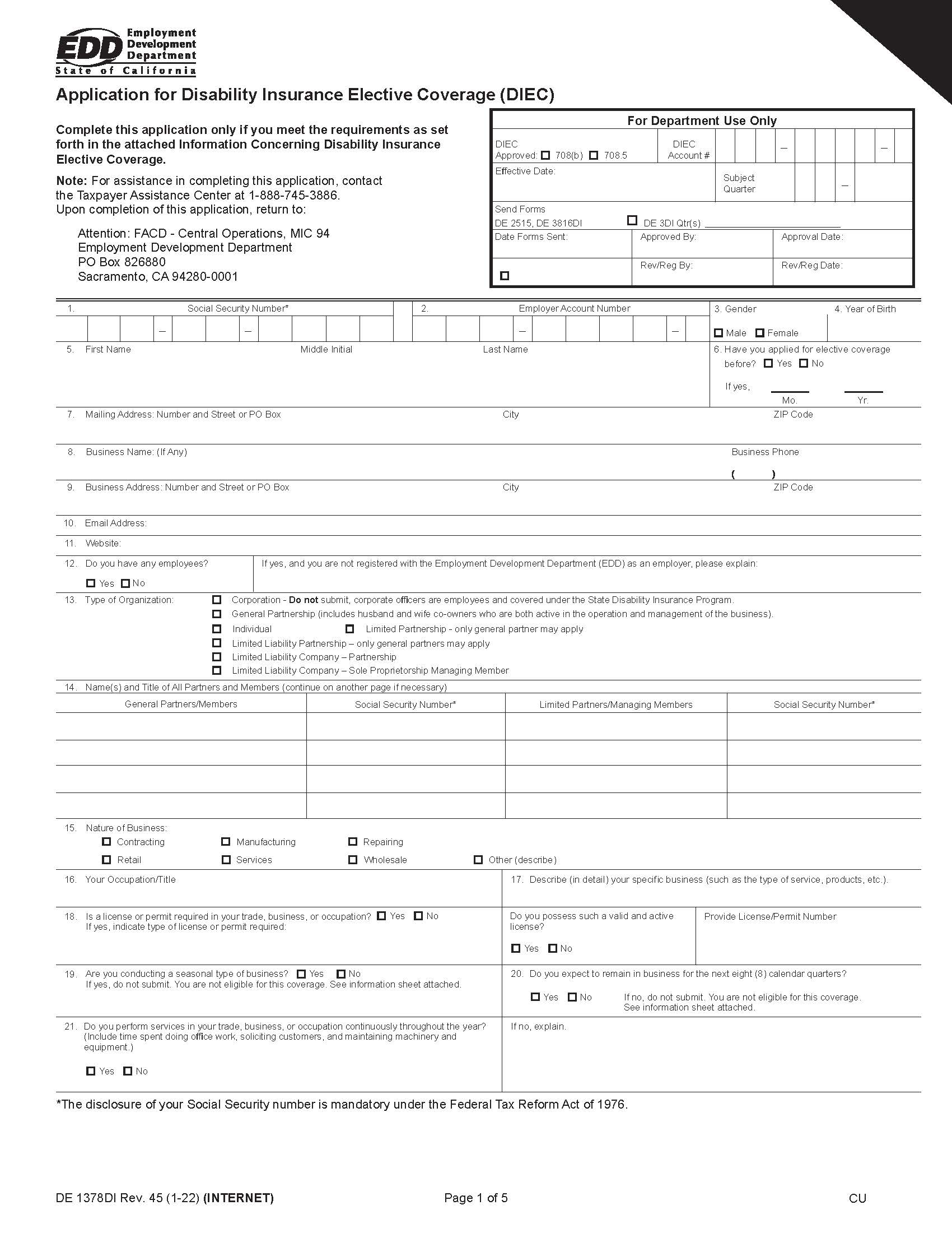 Application For Disability Insurance Elective Coverage {DE 1378DI} | Pdf Fpdf Doc Docx | California