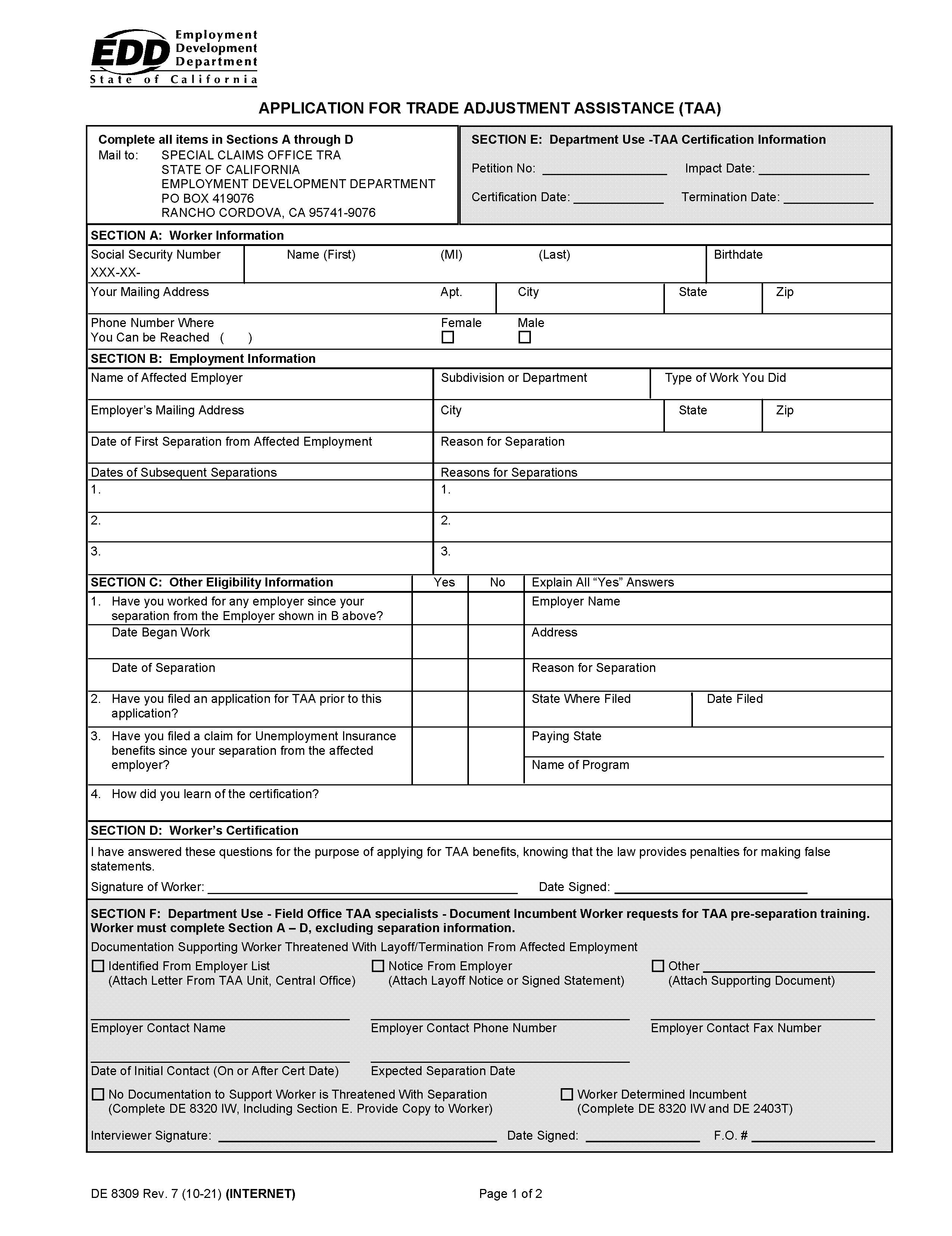 Application For Trade Adjustment Assistance (TAA) {DE 8309} | Pdf Fpdf Doc Docx | California