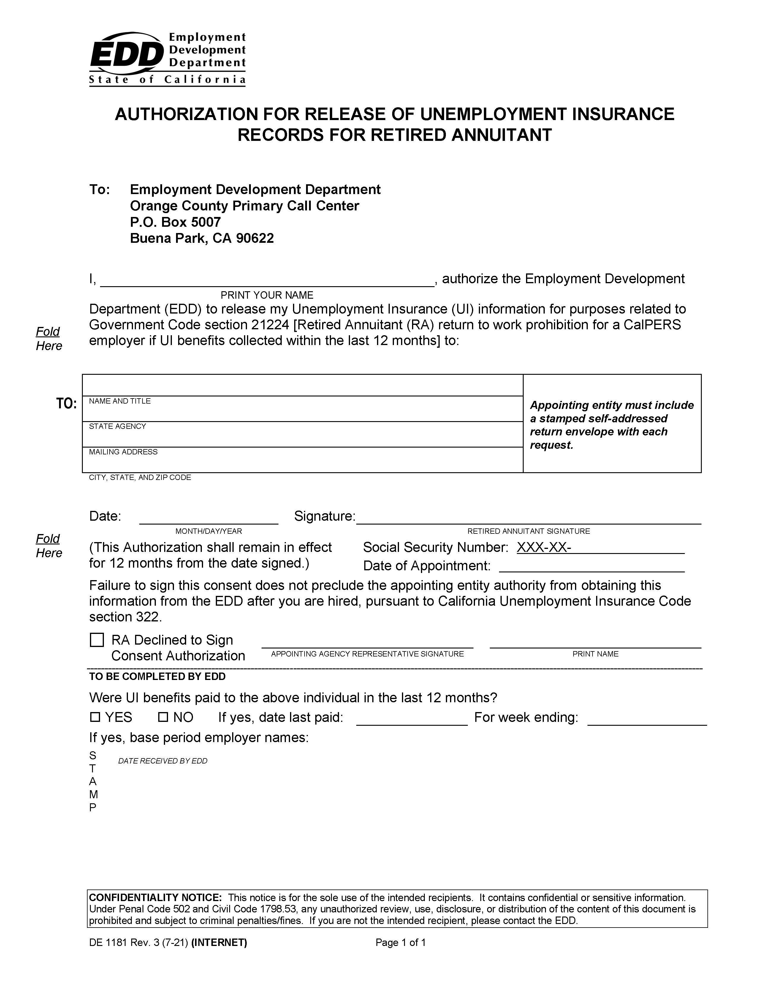 Authorization For Release Of Unemployment Insurance Records For Retired Annuitant {DE 1181} | Pdf Fpdf Doc Docx | California