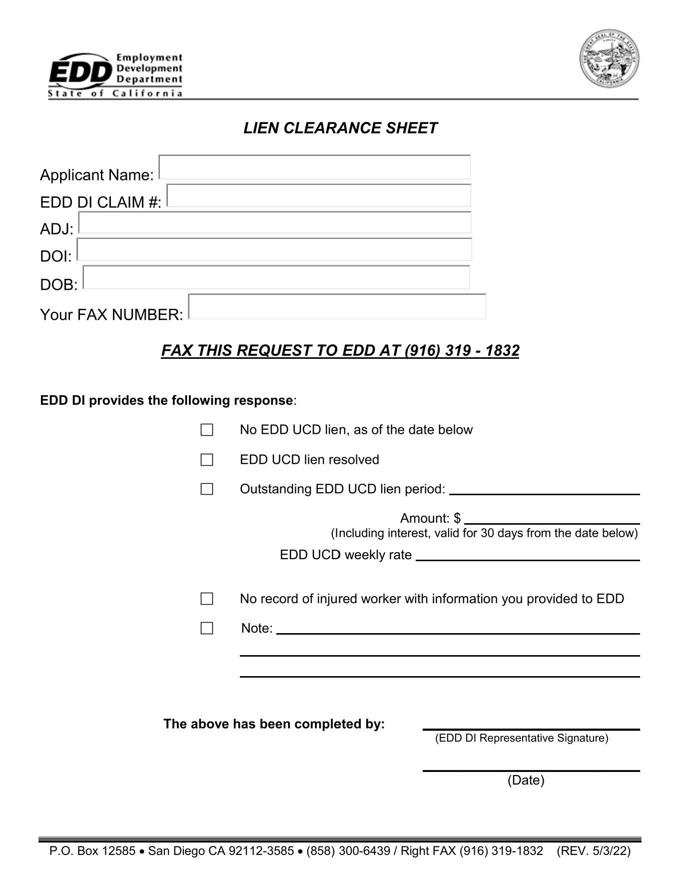 EDD Lien Clearance Sheet | Pdf Fpdf Docx | California