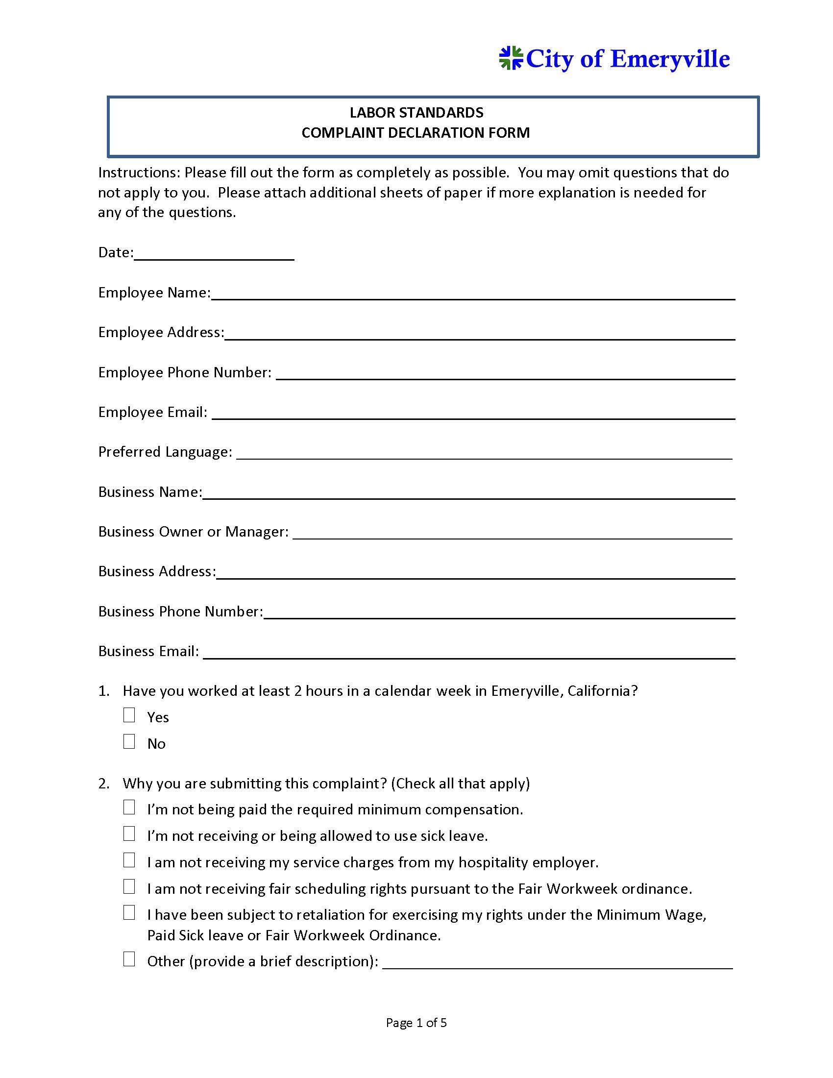Emeryville Fair Workweek Employee Claim Form (Labor Standards Complaint Declaration Form) | Pdf Fpdf Docx | California
