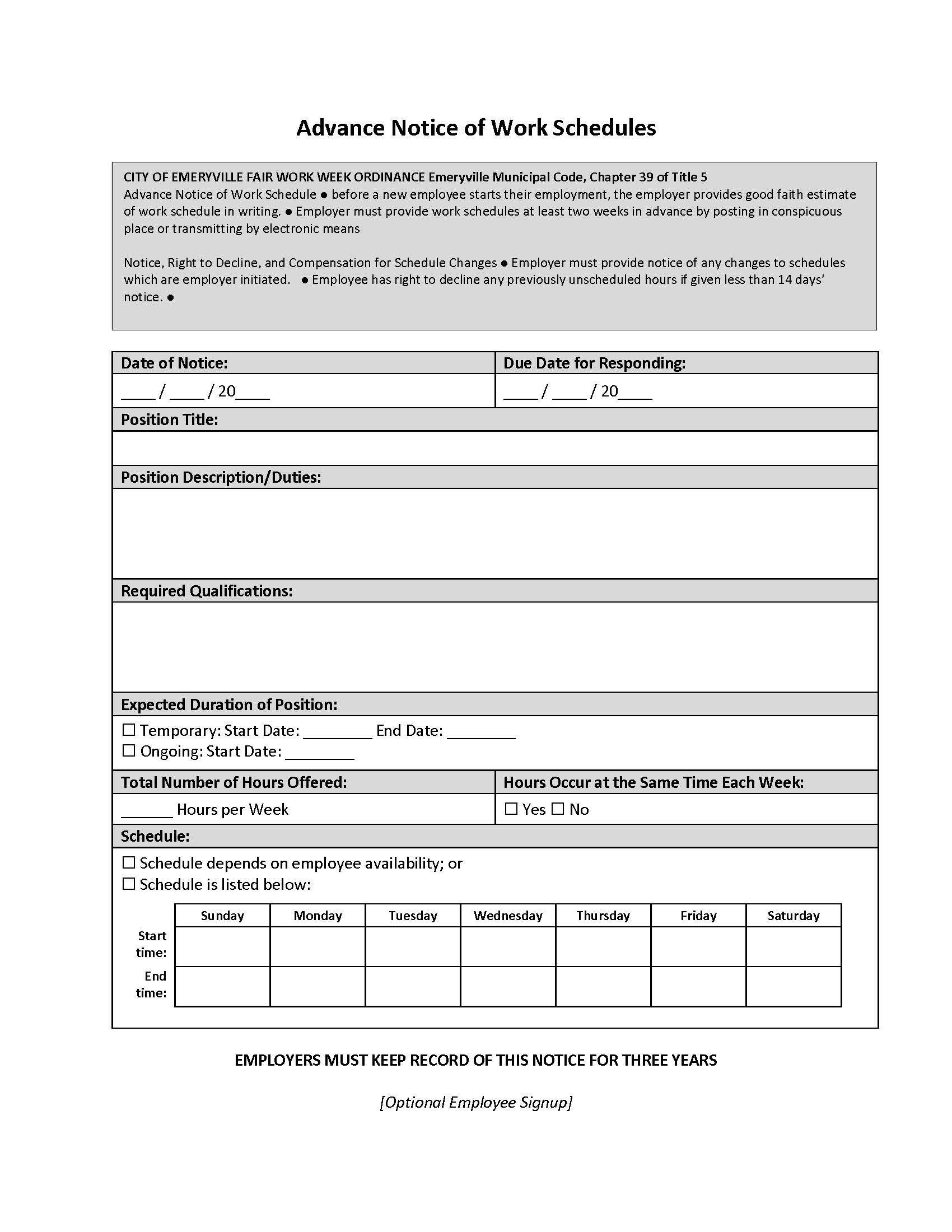 Emeryville Sample Advance Notice Form (Advance Notice Of Work Schedules) | Pdf Fpdf Docx | California