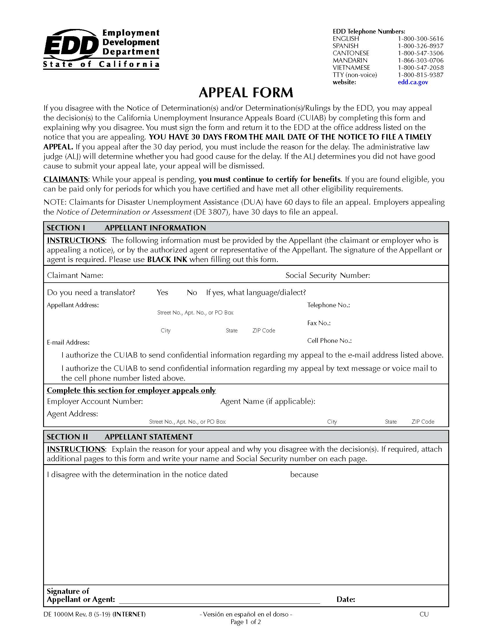 Employment Development Department Appeal Form {DE 1000M} | Pdf Fpdf Doc Docx | California