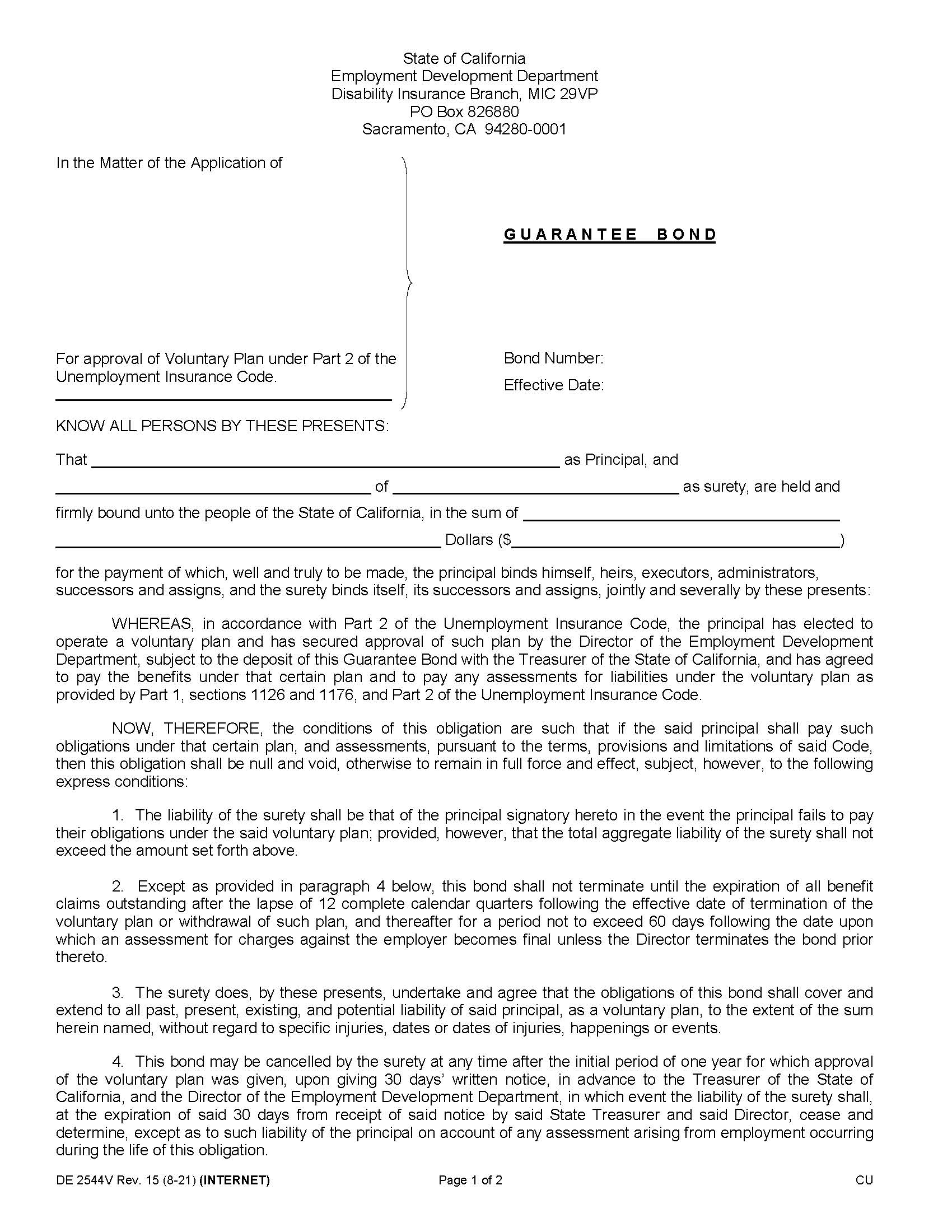 Guarantee Bond {DE 2544V} | Pdf Fpdf Doc Docx | California