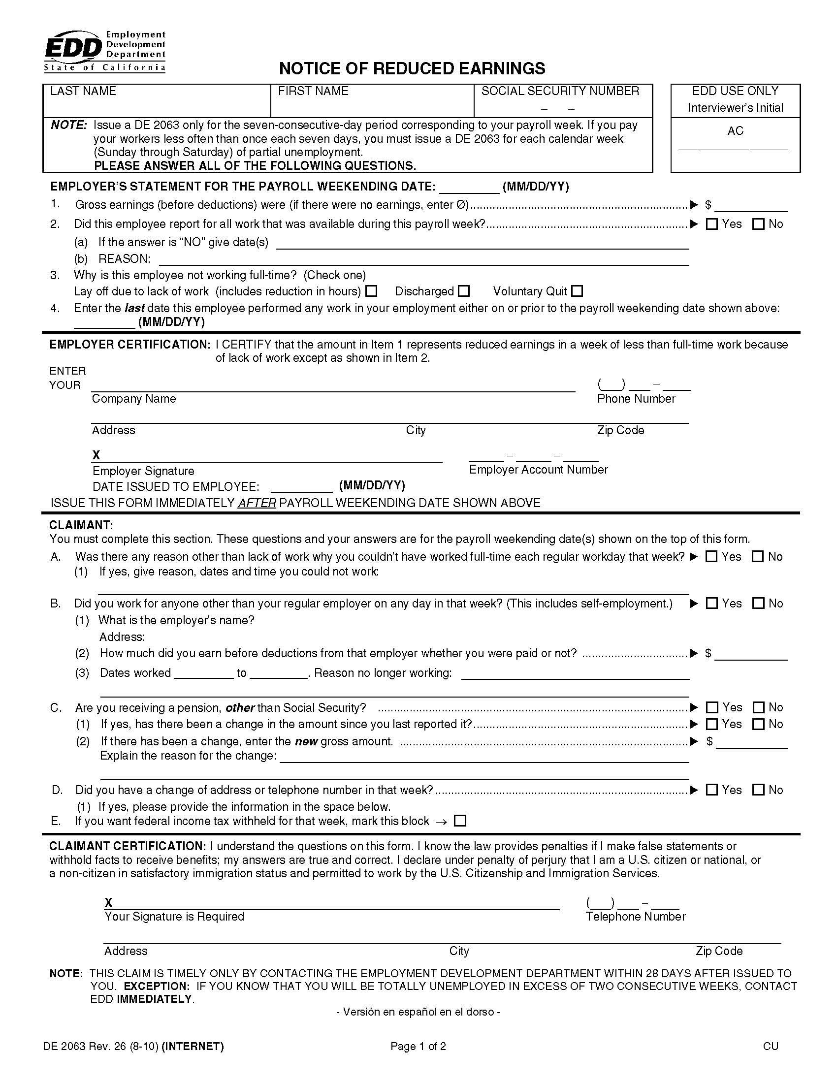 Notice Of Reduced Earnings {DE 2063} | Pdf Fpdf Doc Docx | California