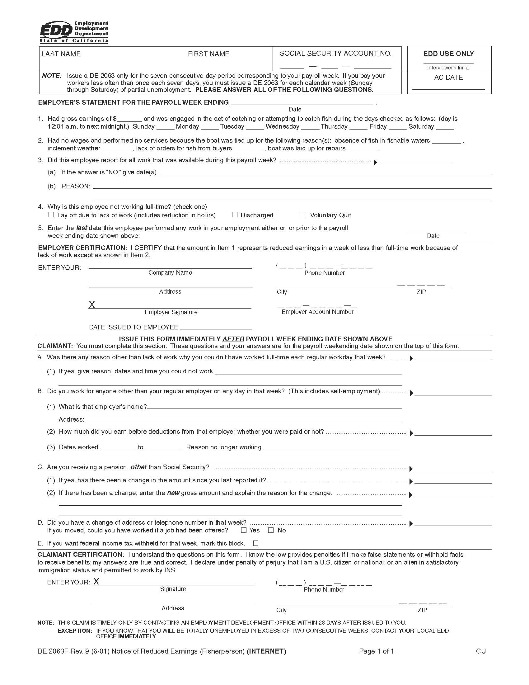 Notice Of Reduced Earnings (Fisherperson) {DE 2063F} | Pdf Fpdf Doc Docx | California