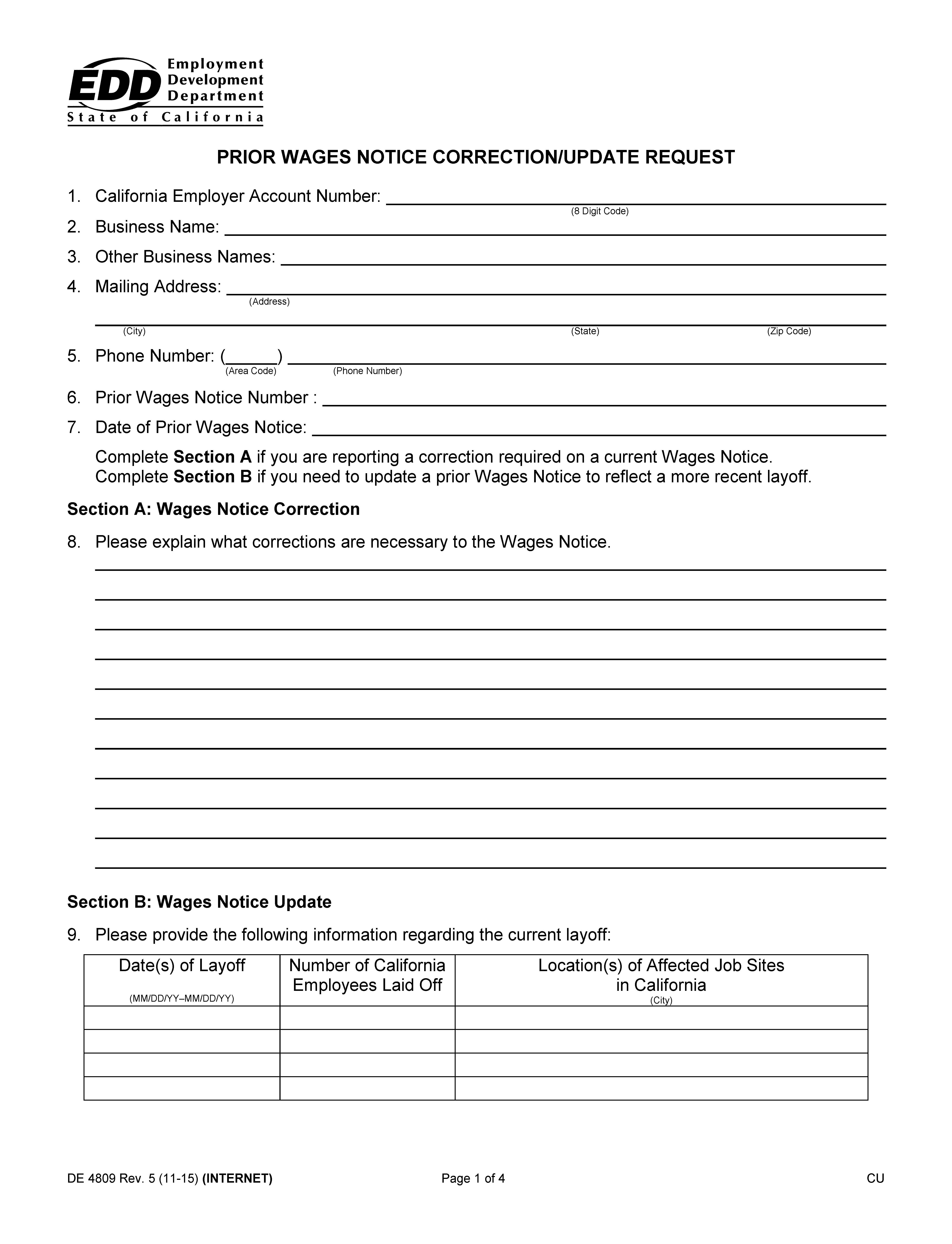 Prior Wages Notice Correction-Update Request {DE 4809} | Pdf Fpdf Doc Docx | California