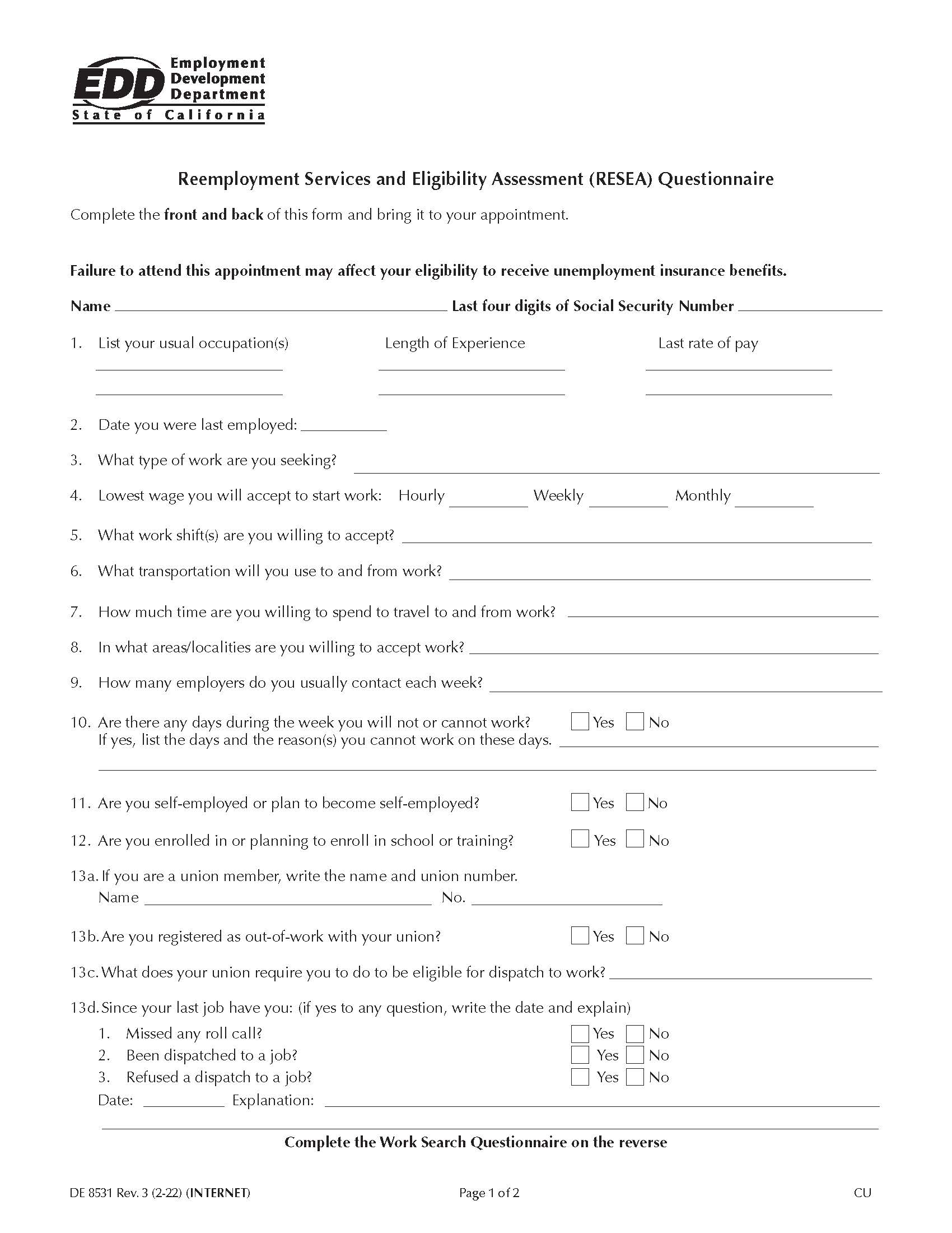 Reemployment And Eligibility Assessment Questionnaire {DE 8531} | Pdf Fpdf Doc Docx | California