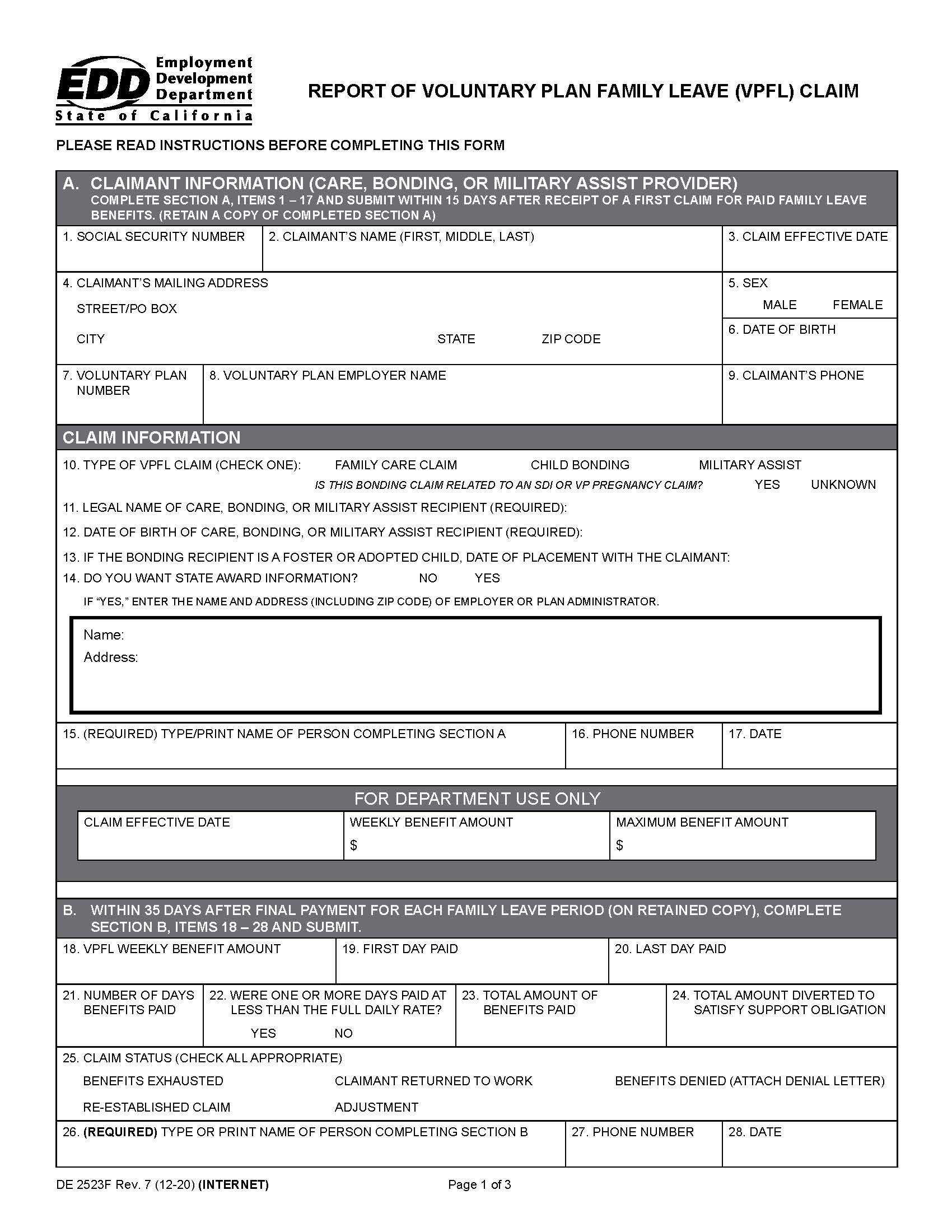 Report Of Voluntary Plan Family Leave (VPFL) Claim {DE 2523F} | Pdf Fpdf Docx | California