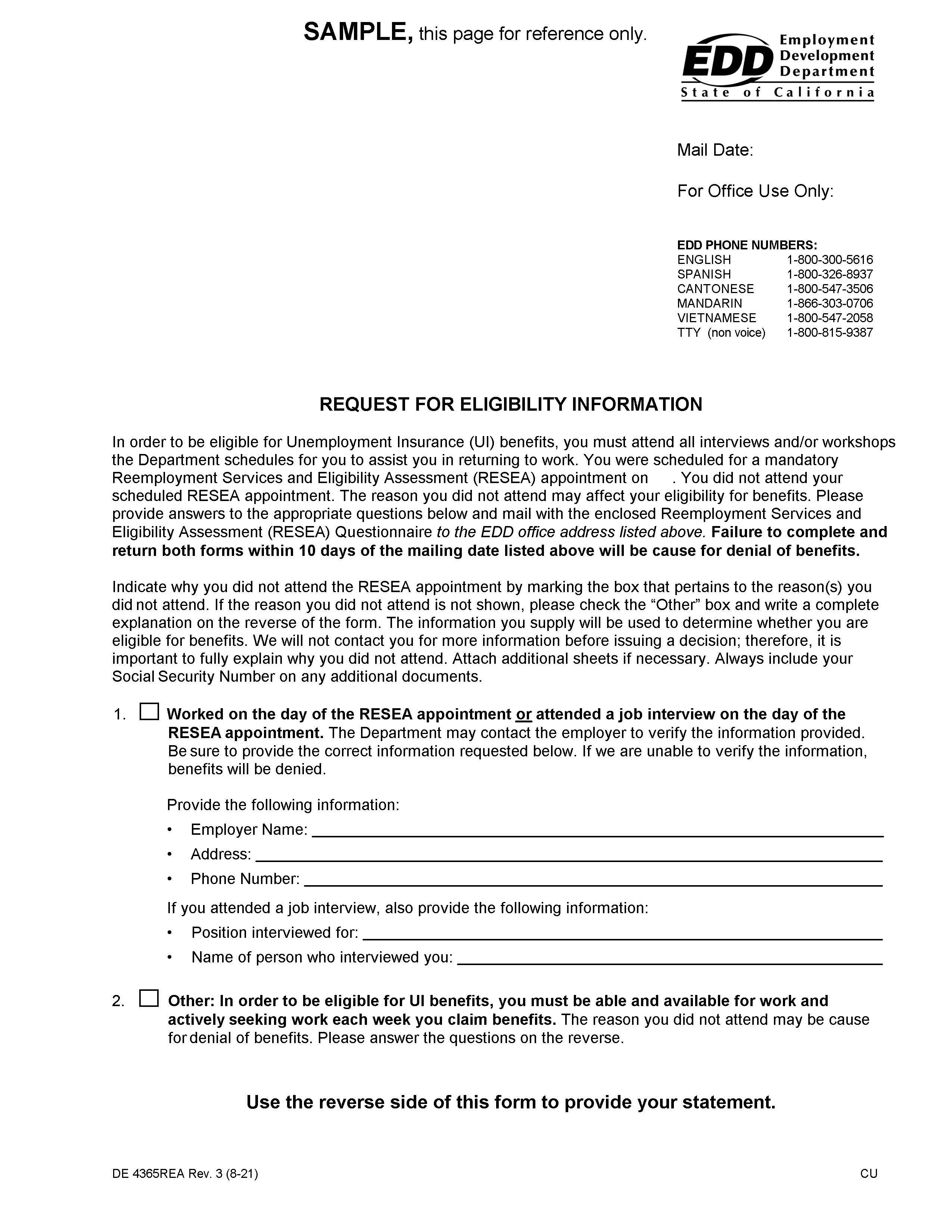 Request For Eligibility Information {DE 4365REA} | Pdf Fpdf Doc Docx | California