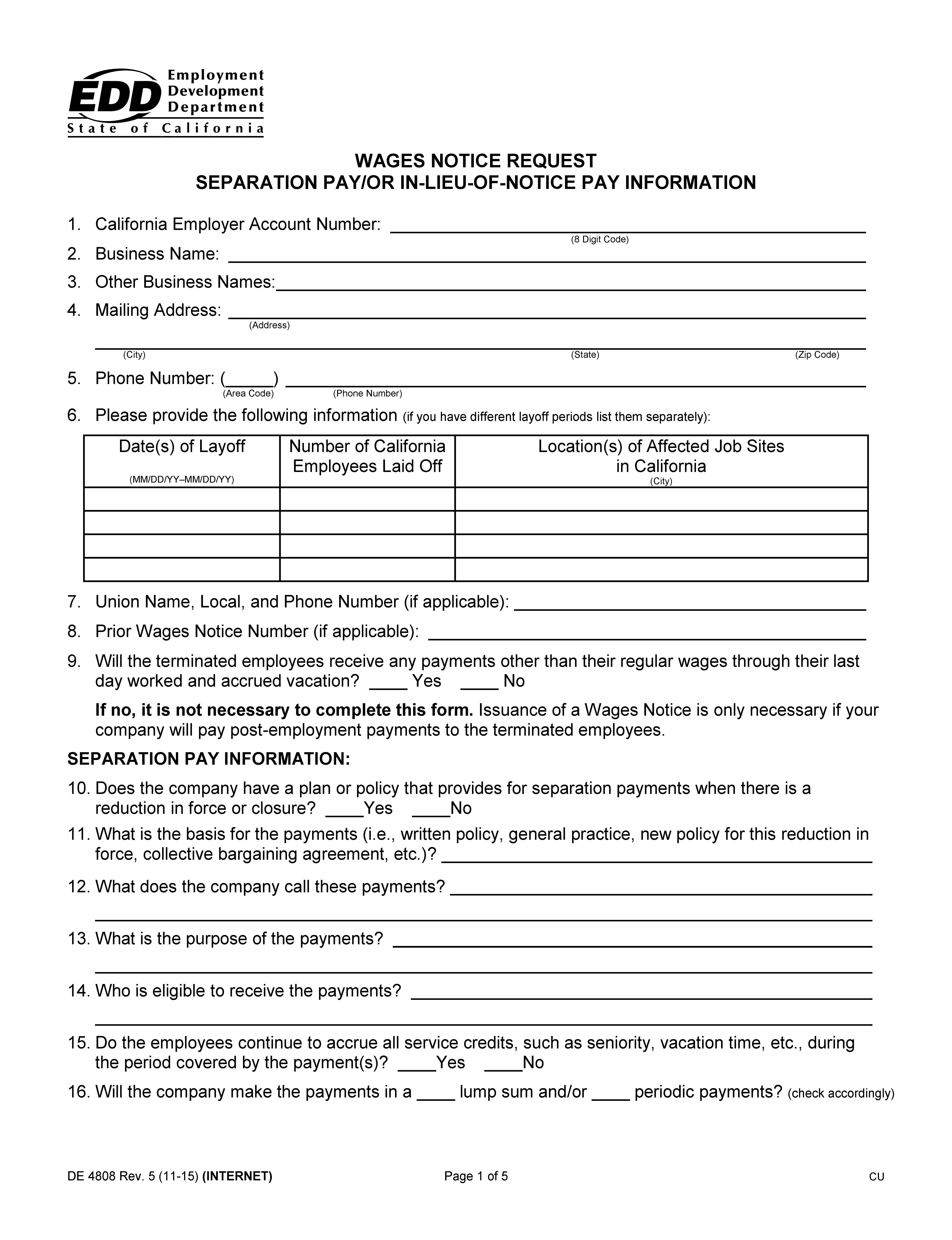 Wages Notice Request Separation Pay-Or In-Lieu-Of-Notice Pay Information {DE 4808} | Pdf Fpdf Doc Docx | California