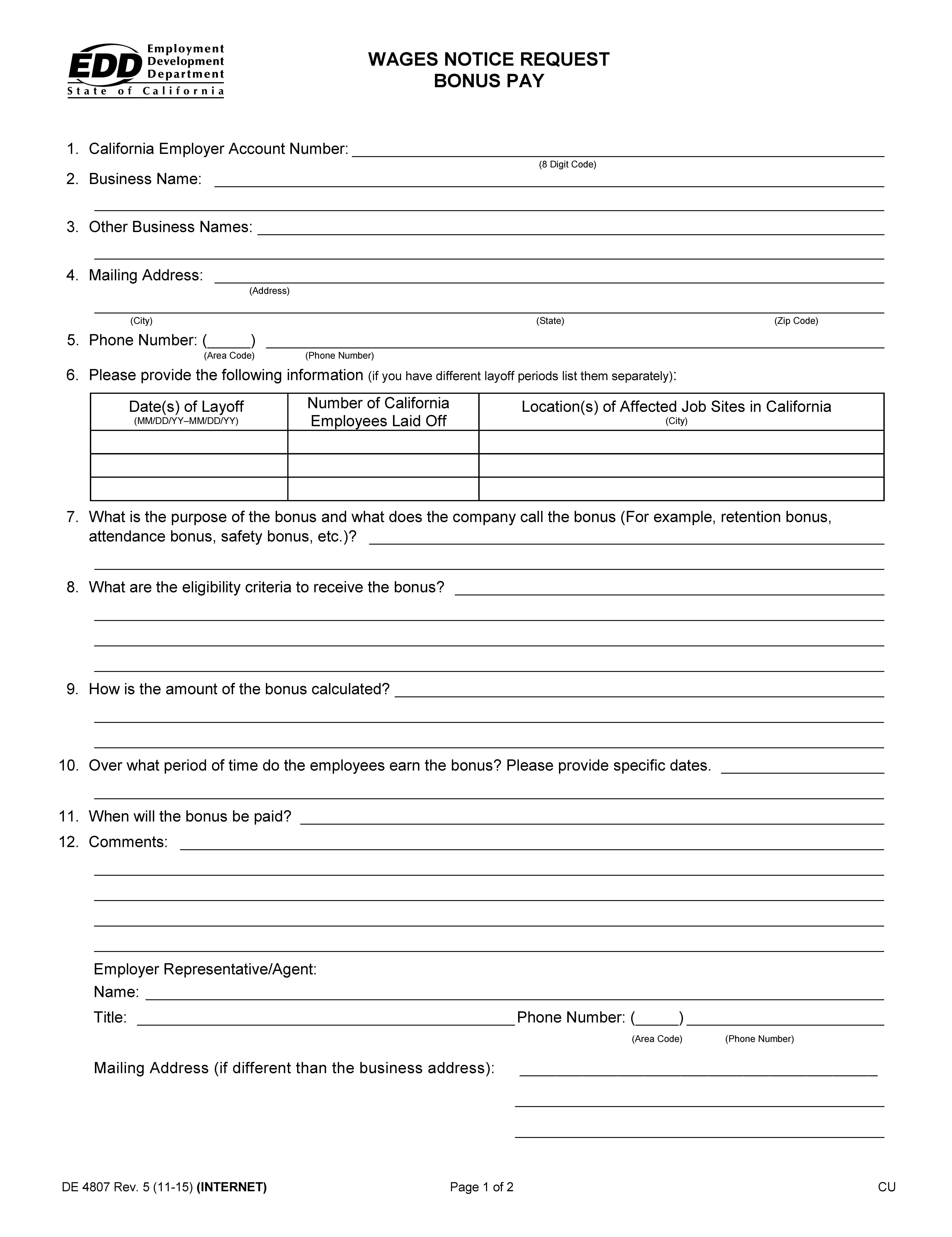 Wages Notice Request-Bonus Pay {DE 4807} | Pdf Fpdf Doc Docx | California
