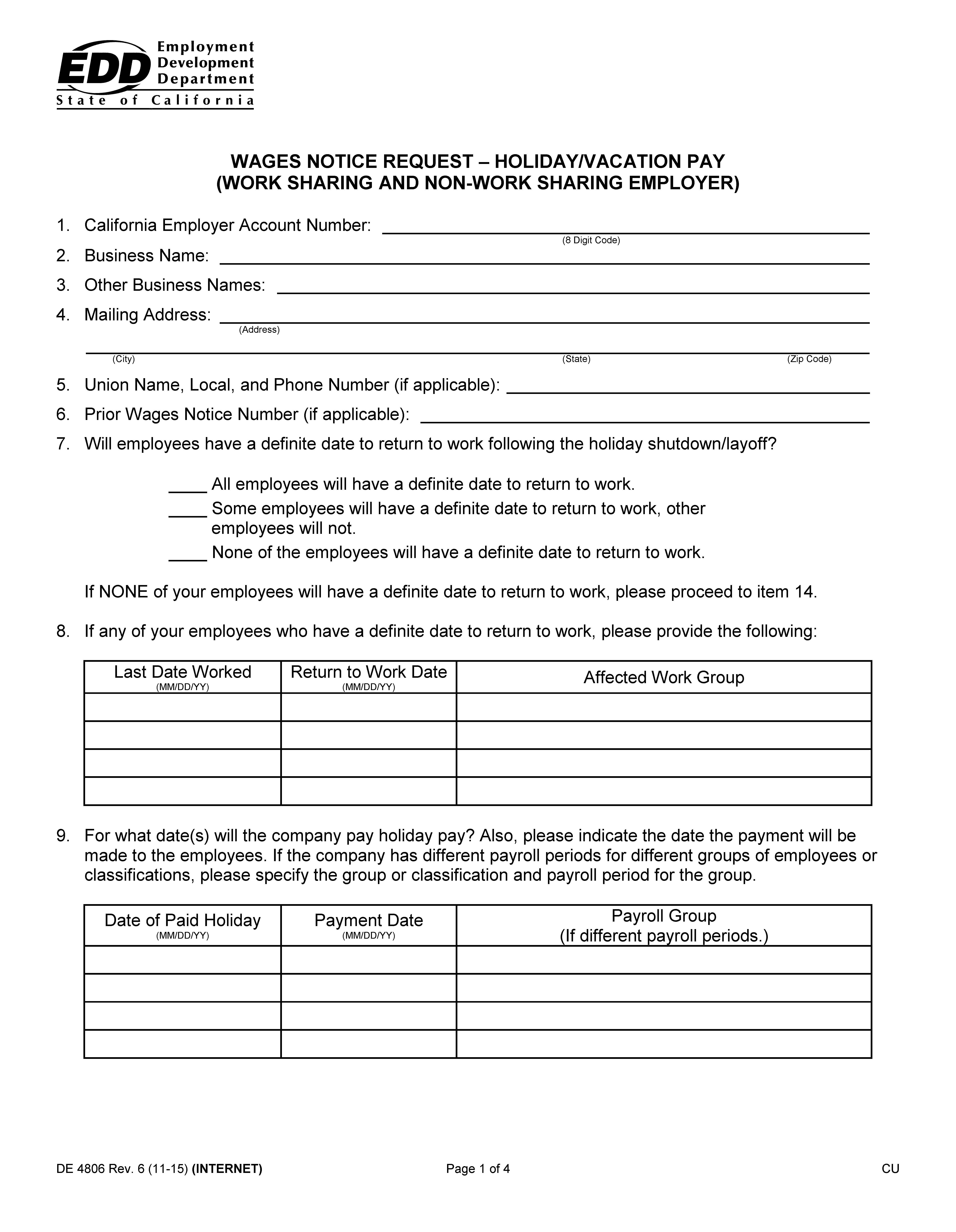 Wages Notice Request-Holiday-Vacation Pay (Work Sharing And Non-Work Sharing Employers) {DE 4806} | Pdf Fpdf Doc Docx | California