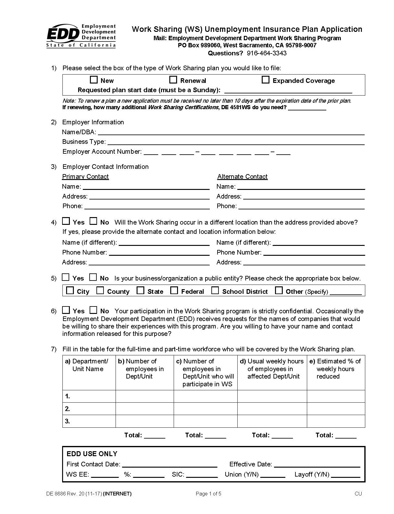 Work Sharing (WS) Unemployment Insurance Plan Application {DE 8686} | Pdf Fpdf Docx | California