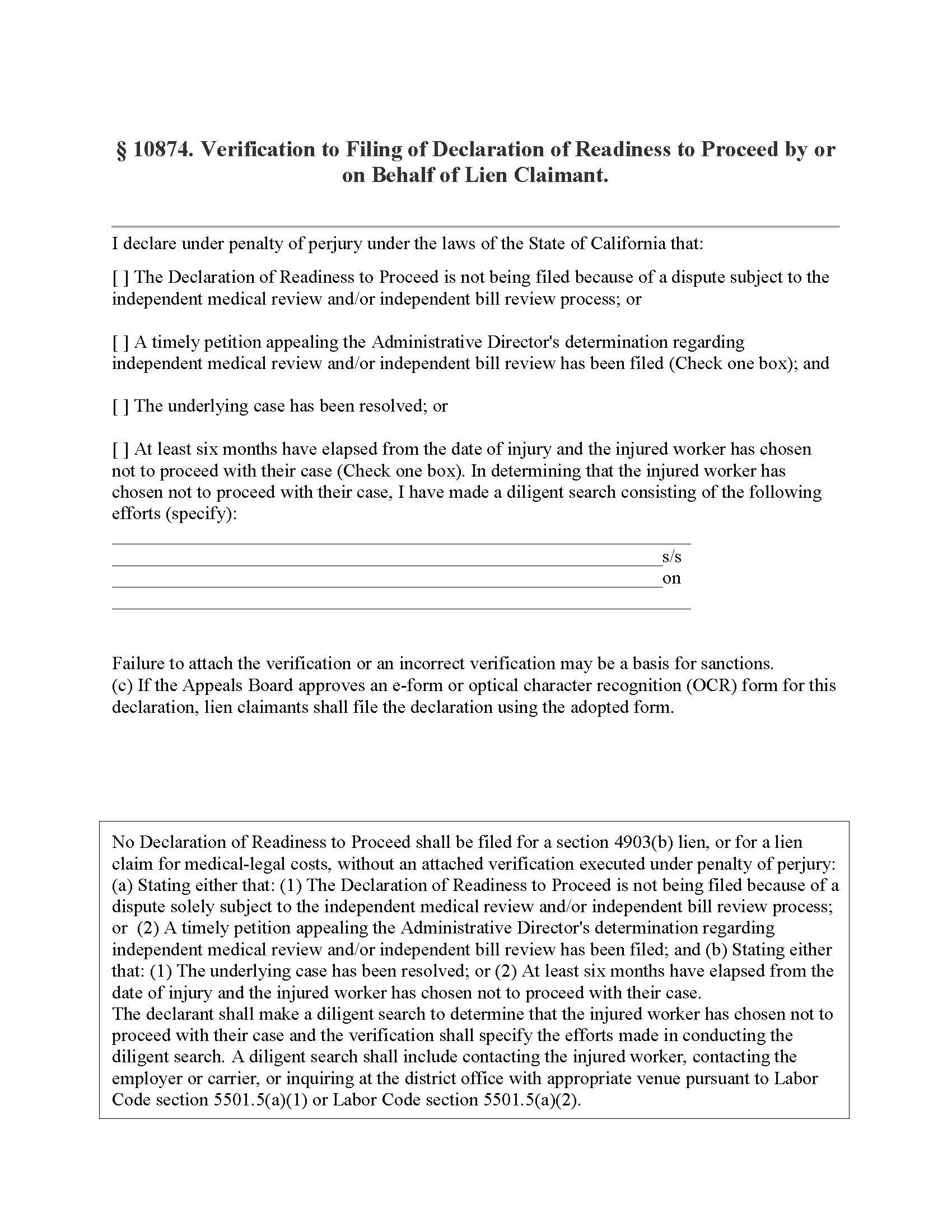10874 Verification To Filing Of Declaration Of Readiness By Or On Behalf Of Lien Claimant {10874} | Pdf Fpdf Doc Docx | California
