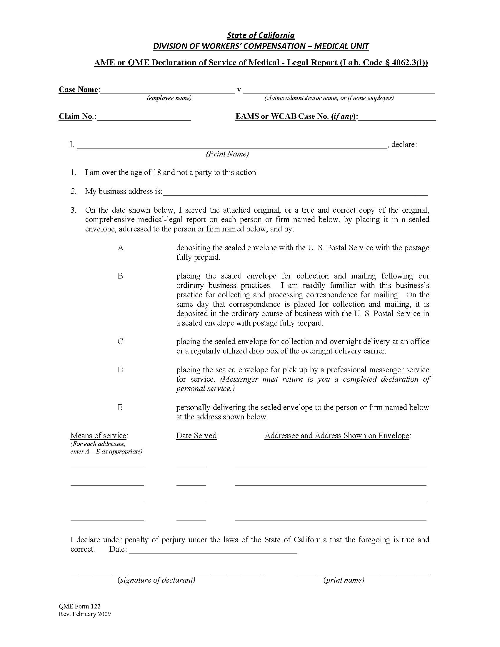 AME Or QME Declaration OF Service Of Medical-Legal Report {QME 122} | Pdf Fpdf Doc Docx | California