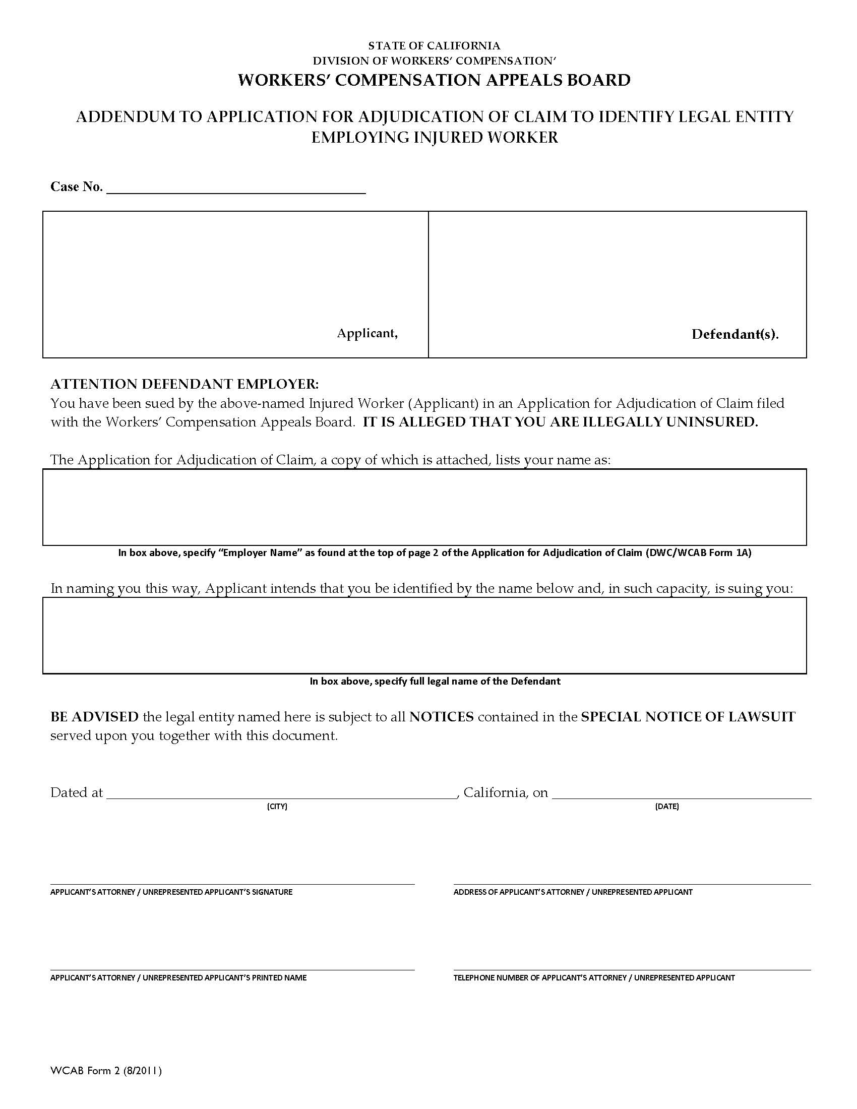 Addendum To Application For Adjudication Of Claim To Identify Legal Entity {WCAB-2} | Pdf Fpdf Doc Docx | California