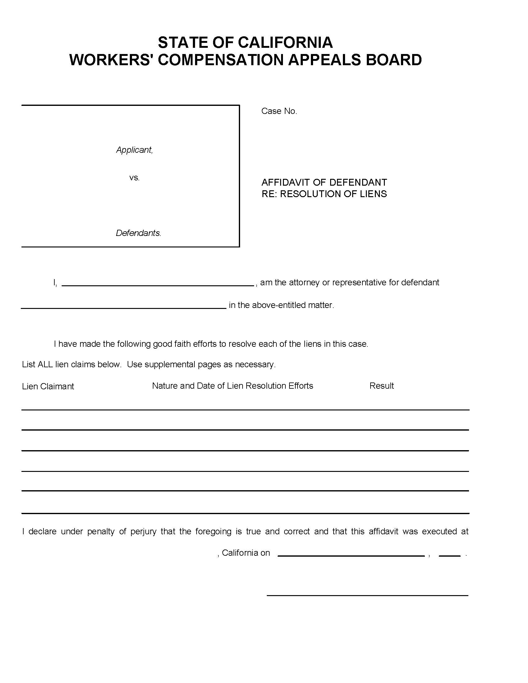 Affidavit Of Defendant Re Resolution Of Liens {WCAB-003} | Pdf Fpdf Docx | California