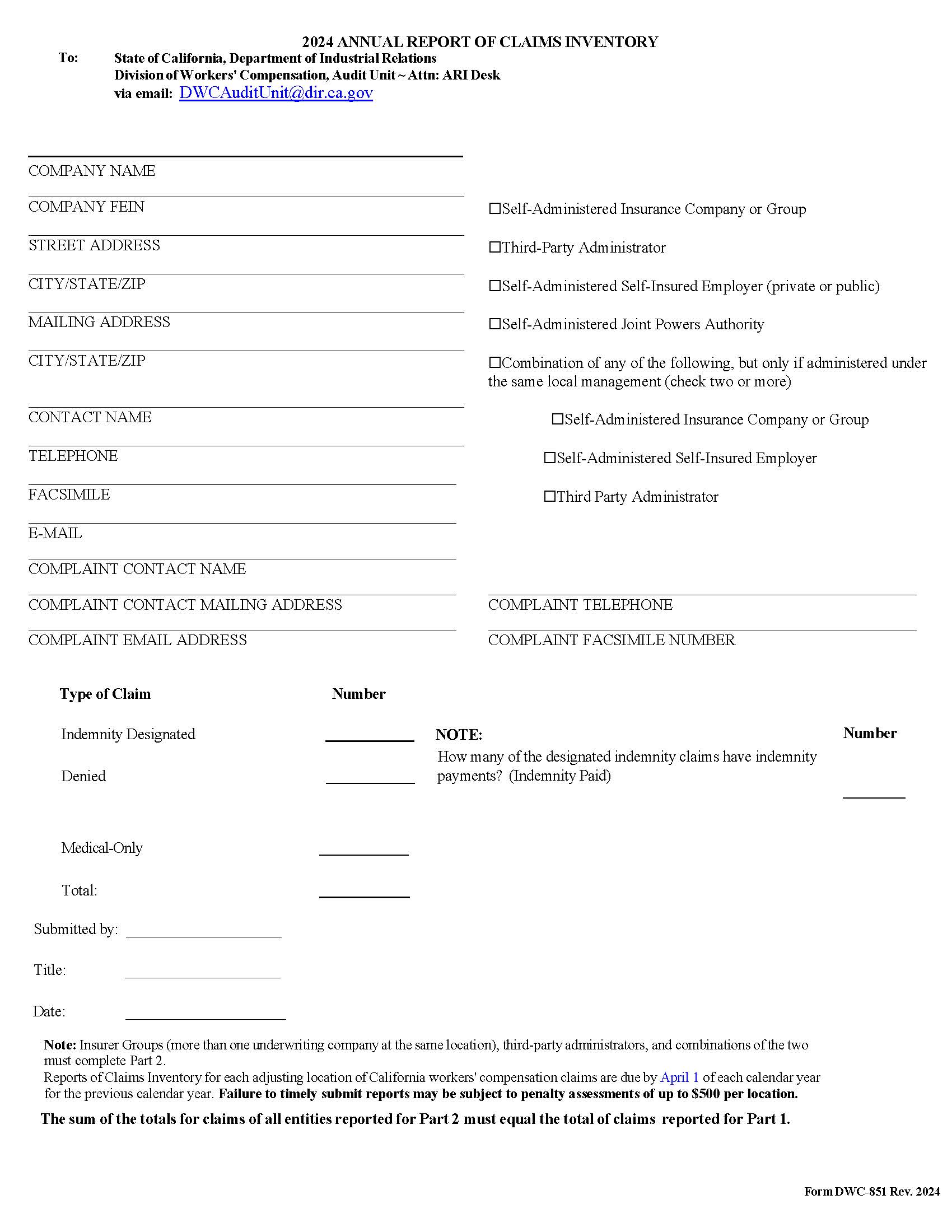 Annual Report Of Adjusting Locations {DWC-851} | Pdf Fpdf Docx | California