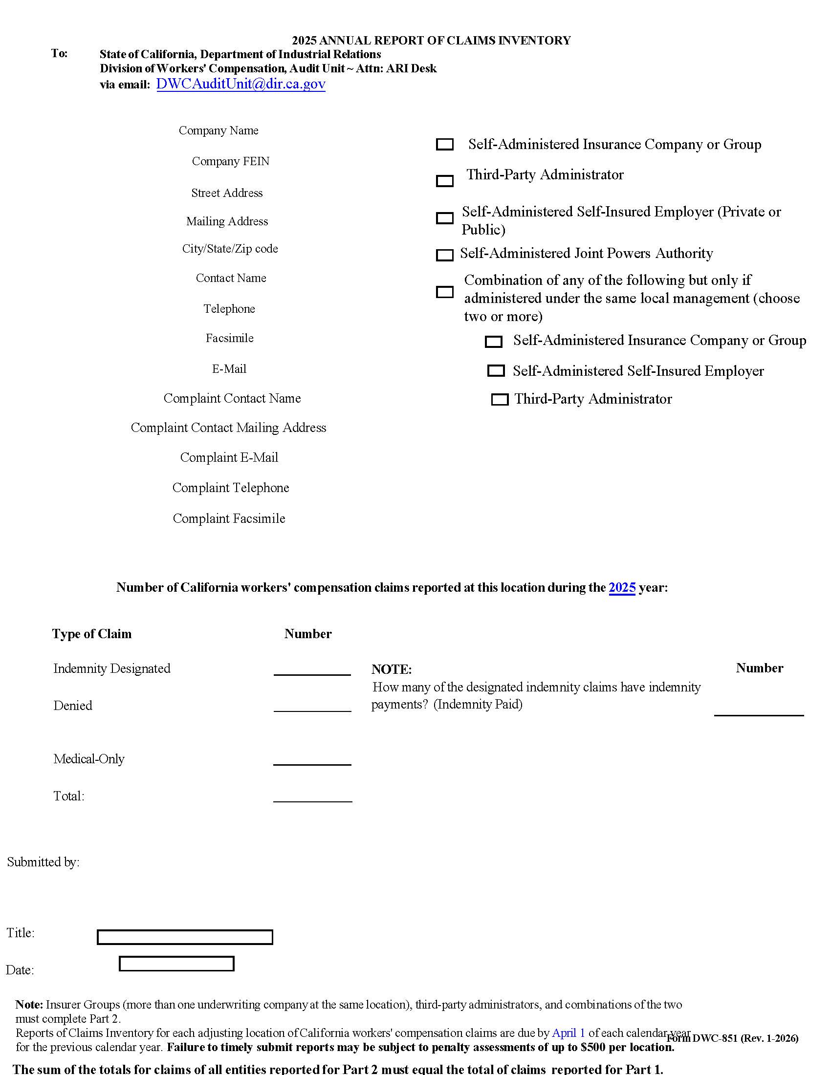 Annual Report Of Adjusting Locations {DWC-851} | Pdf Fpdf Docx | California