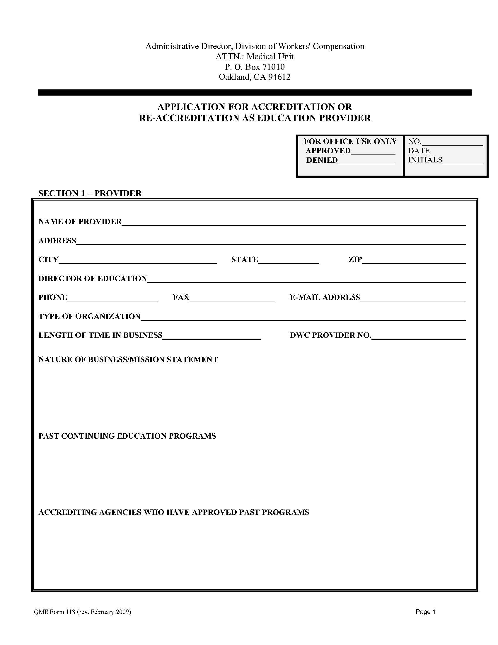 Application For Accreditation Or Re-Accreditation As Education Provider {QME 118} | Pdf Fpdf Doc Docx | California