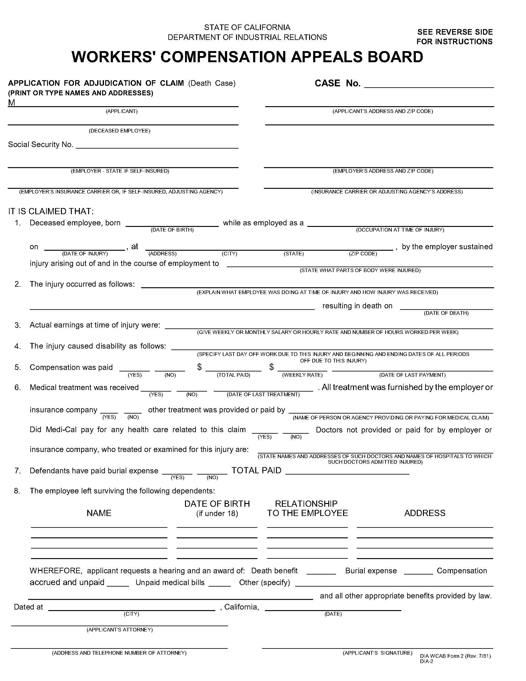 Application For Adjudication Of Claim (Death Cases) {DIA 2} | Pdf Fpdf Doc Docx | California