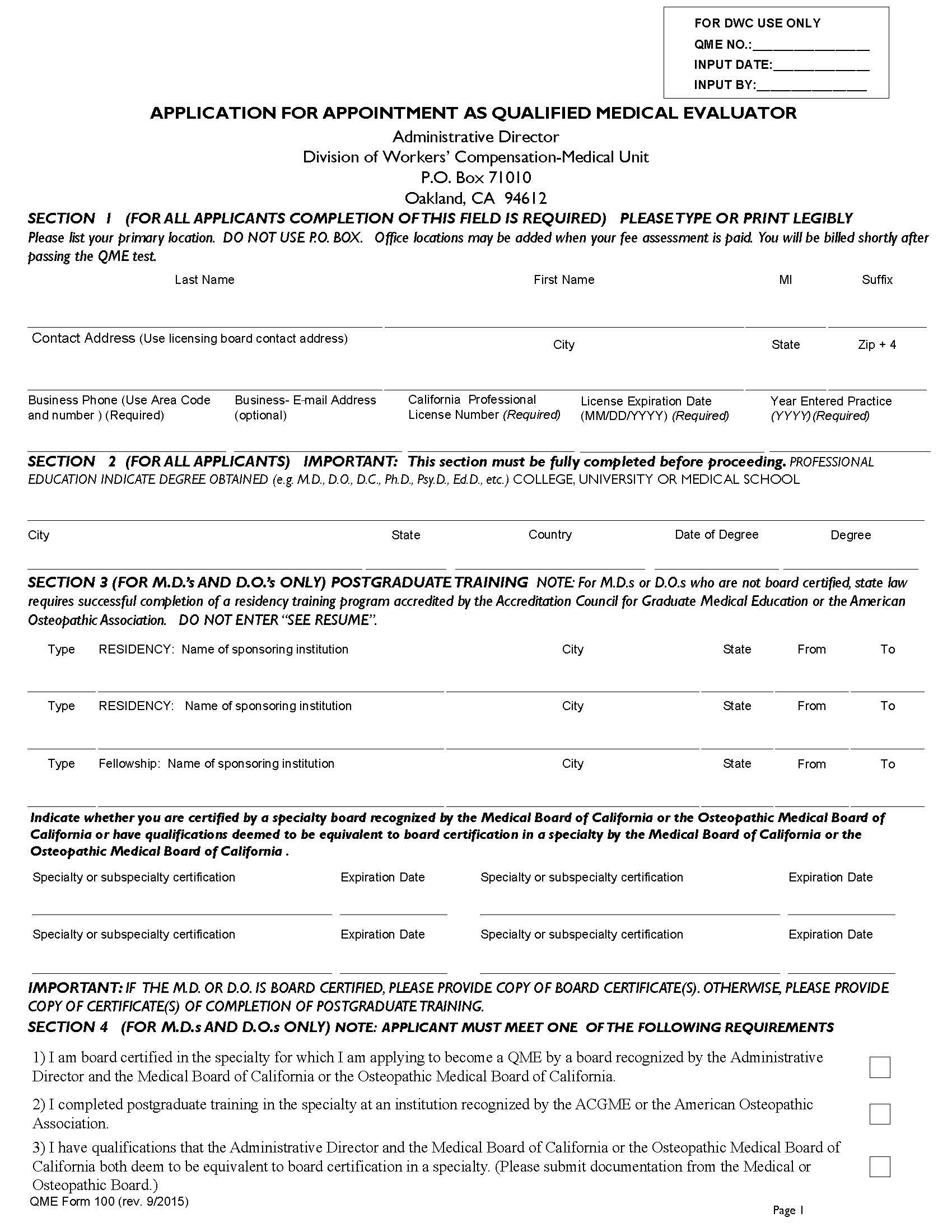 Application For Appointment As Qualified Medical Evaluator {QME 100} | Pdf Fpdf Doc Docx | California