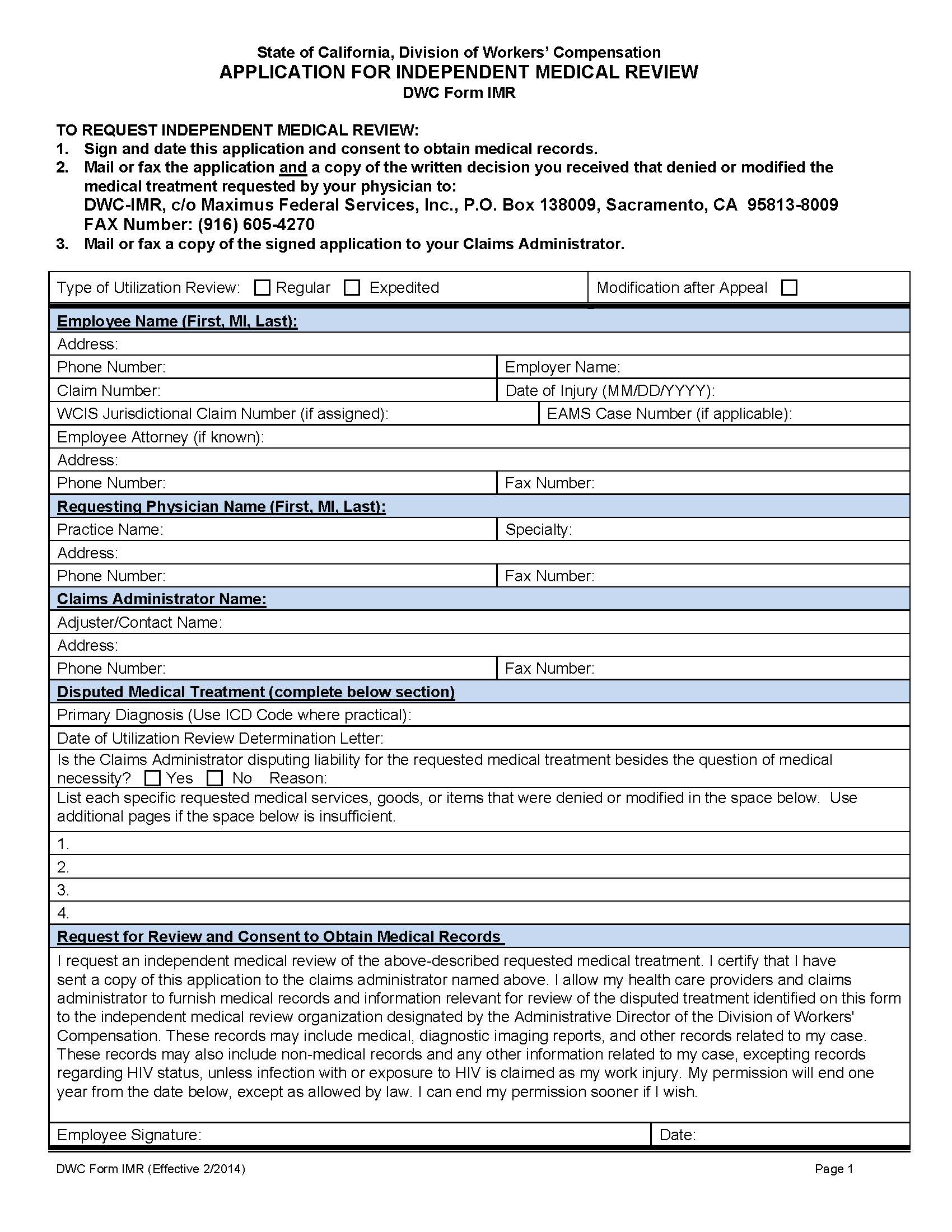 Application For Independent Medical Review {DWC IMR} | Pdf Fpdf Doc Docx | California