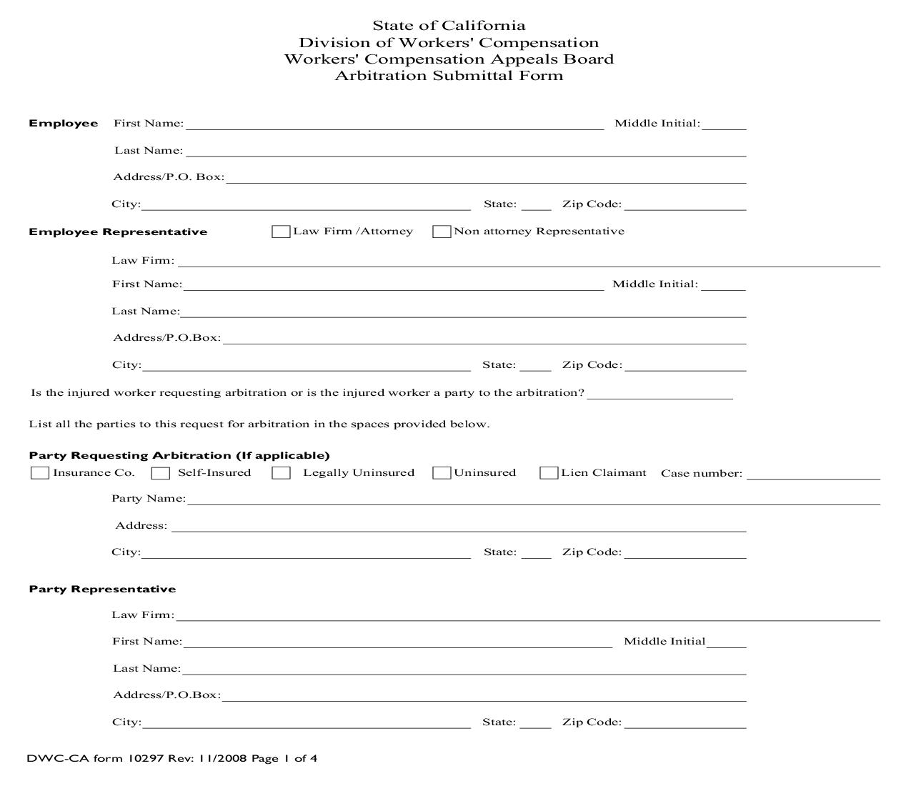 Arbitration Submittal Form {DWC-CA 10297} | Pdf Fpdf Doc Docx | California