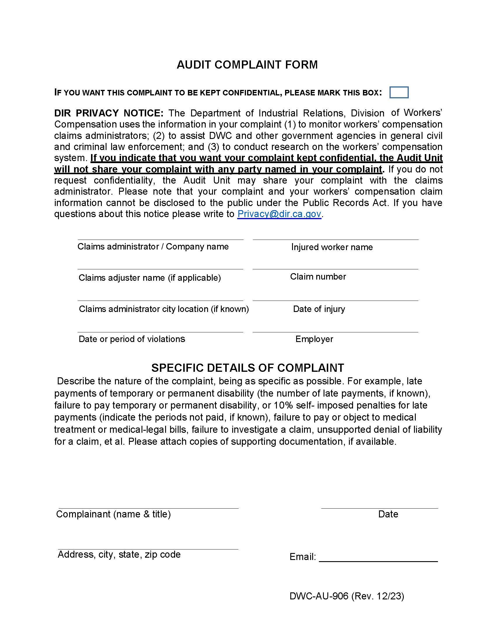Audit Complaint Form {DWC-AU-906} | Pdf Fpdf Doc Docx | California
