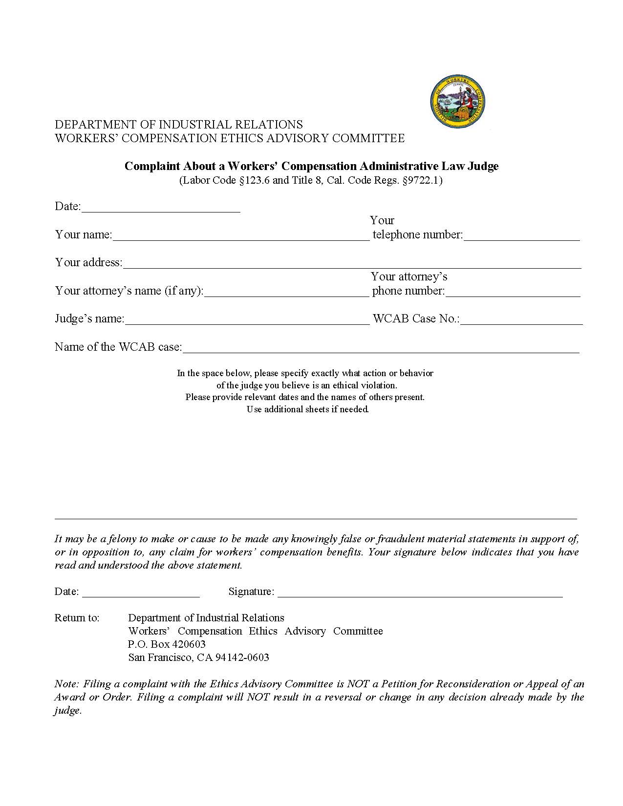 Complaint About A Workers Compensation Administrative Law Judge | Pdf Fpdf Doc Docx | California