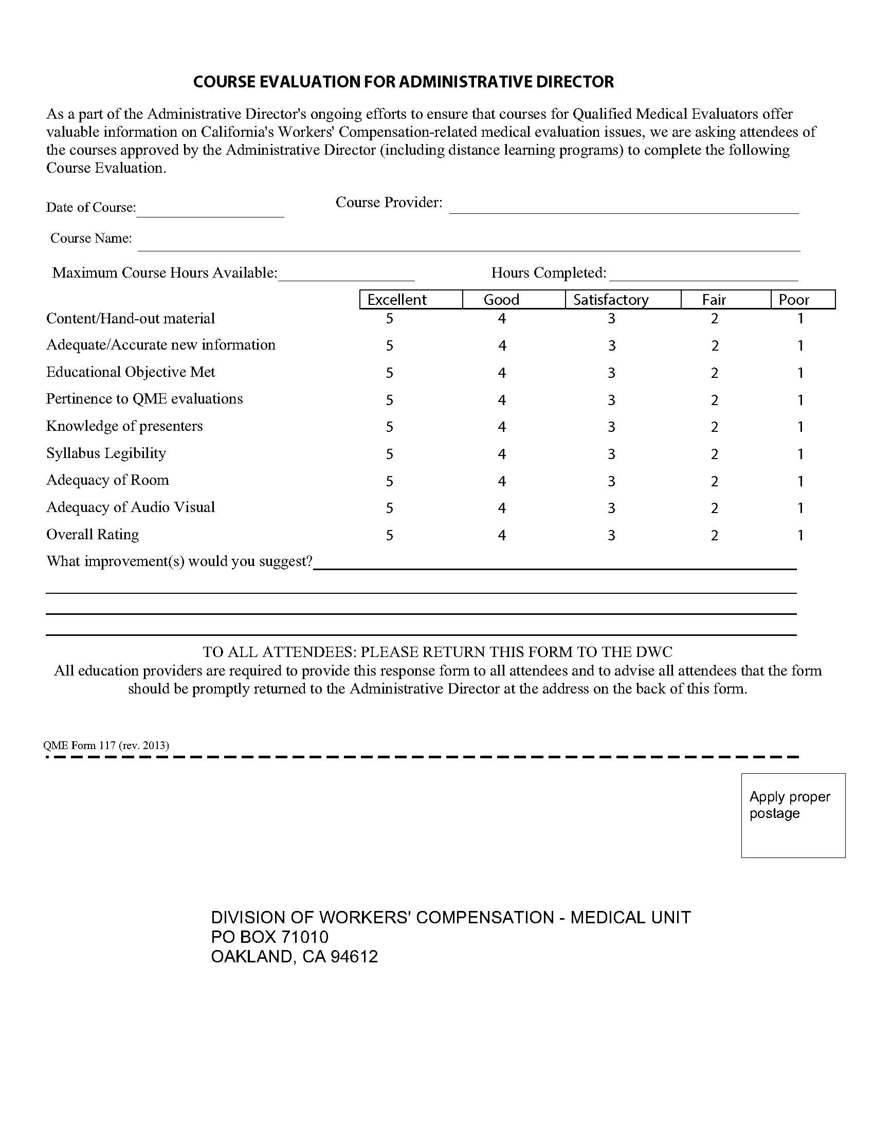 Course Evaluation For Administrative Director {QME 117} | Pdf Fpdf Doc Docx | California
