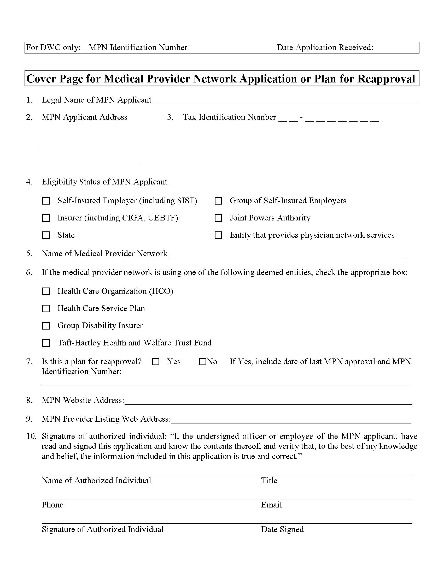 Cover Page For Medical Provider Network Application {DWC 9767.4} | Pdf Fpdf Doc Docx | California
