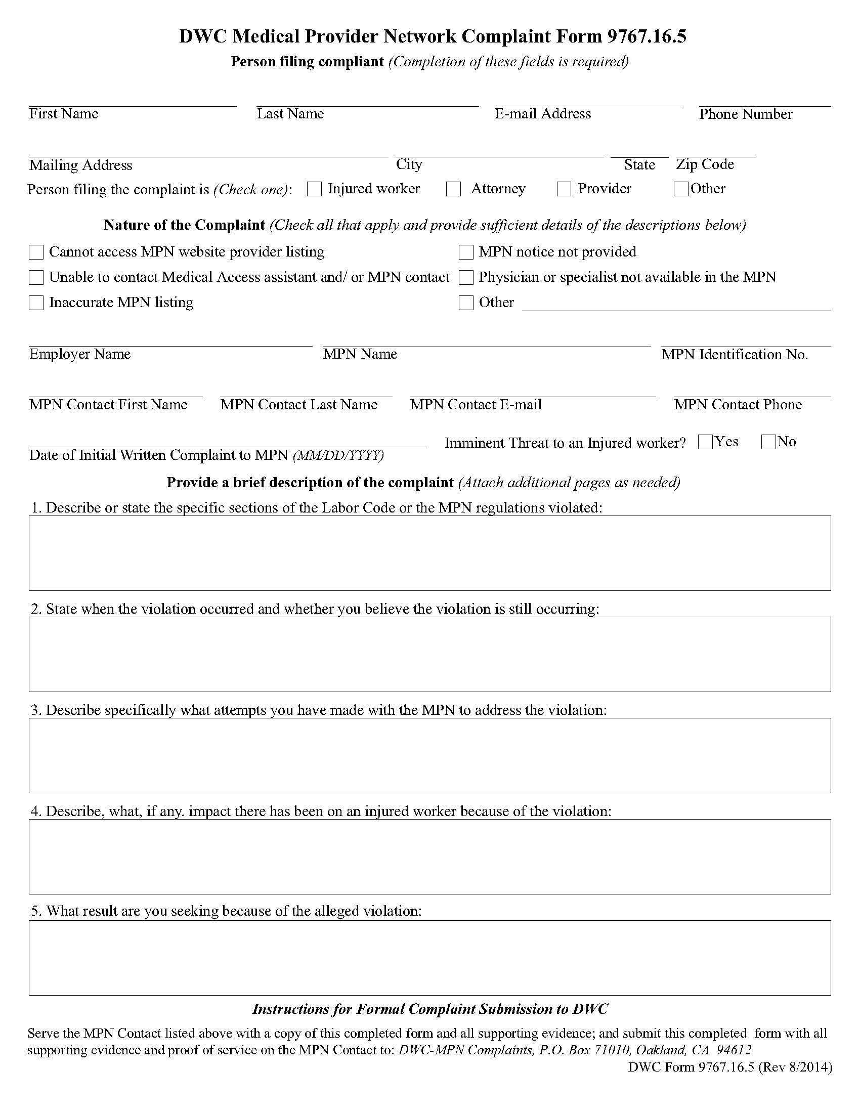 DWC Medical Provider Network Complaint Form {DWC 9767.16.5} | Pdf Fpdf Doc Docx | California