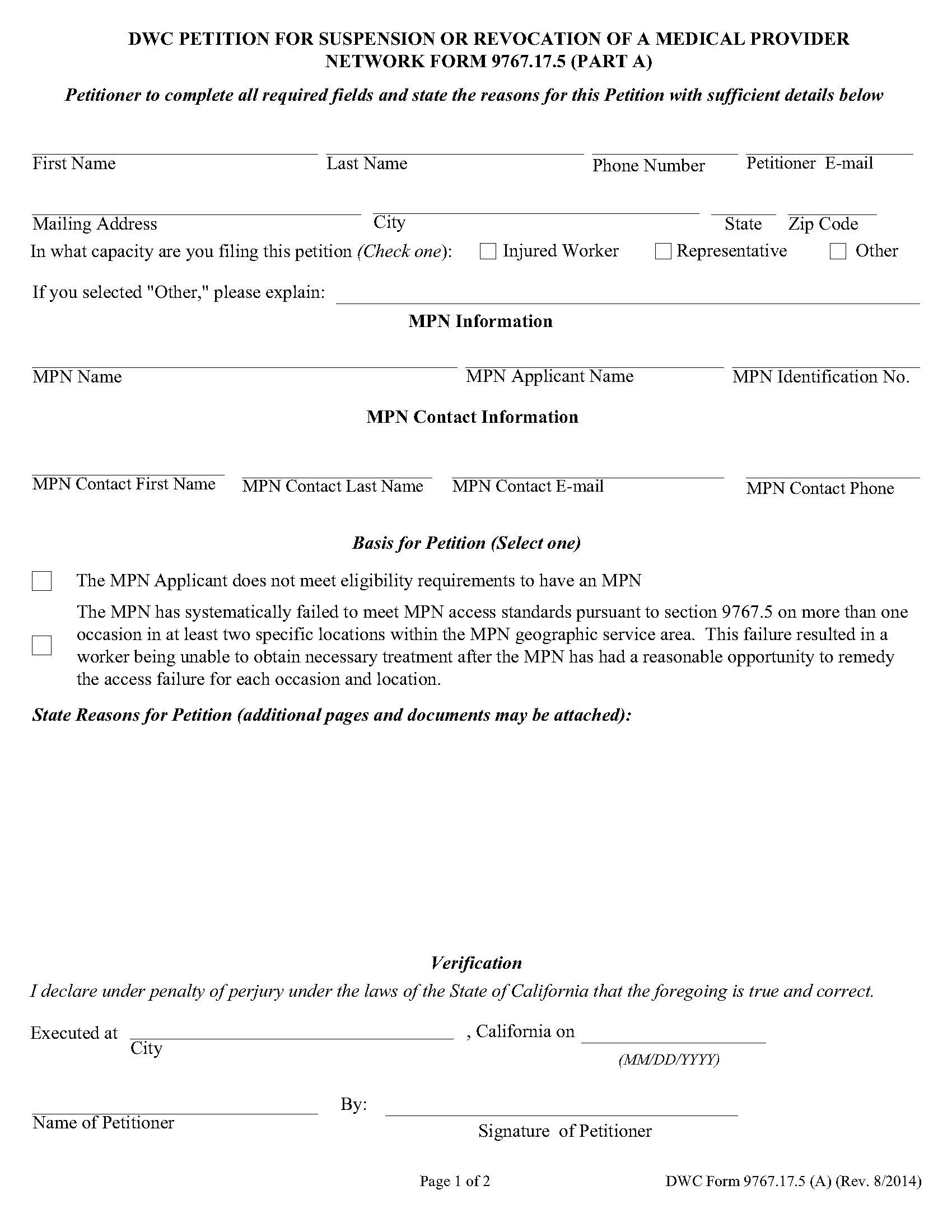 DWC Petition For Suspension Or Revocation Of Medical Provider Network (Part A) {DWC 9767.17.5} | Pdf Fpdf Doc Docx | California