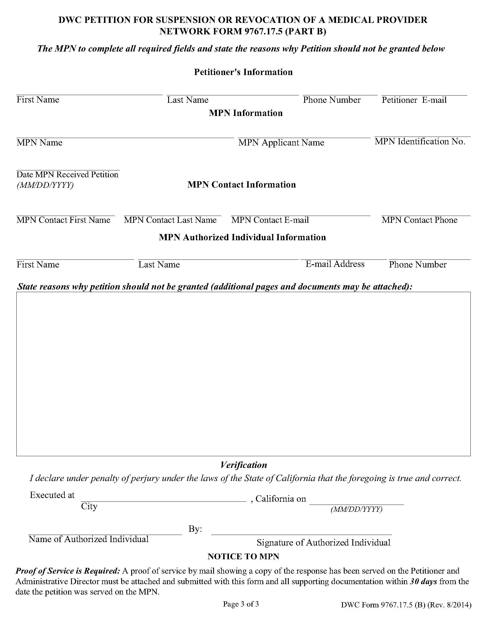 DWC Petition For Suspension Or Revocation Of Medical Provider Network (Part B) {DWC 9767.17.5} | Pdf Fpdf Doc Docx | California