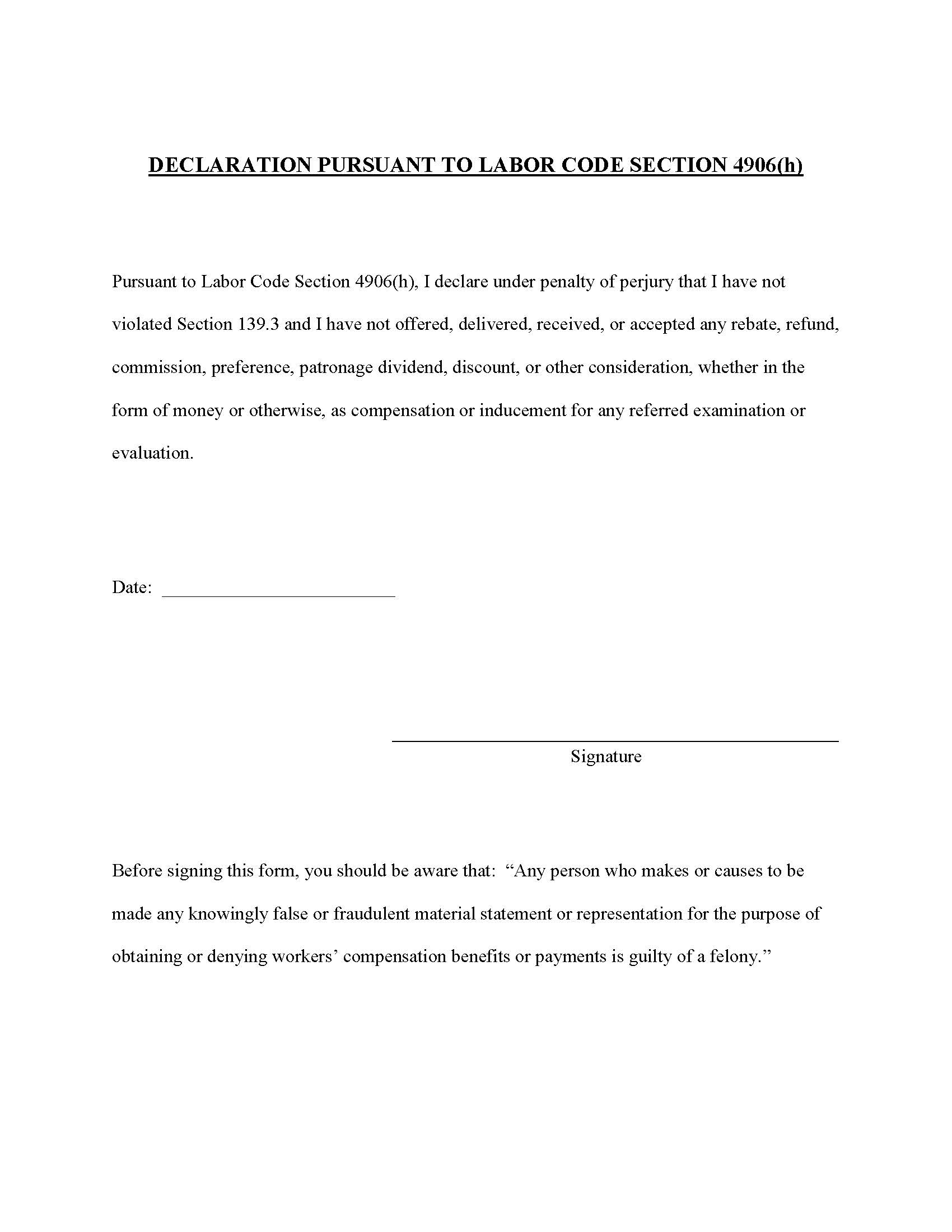 Declaration Pursuant To Labor Code Section 4906h | Pdf Fpdf Docx | California